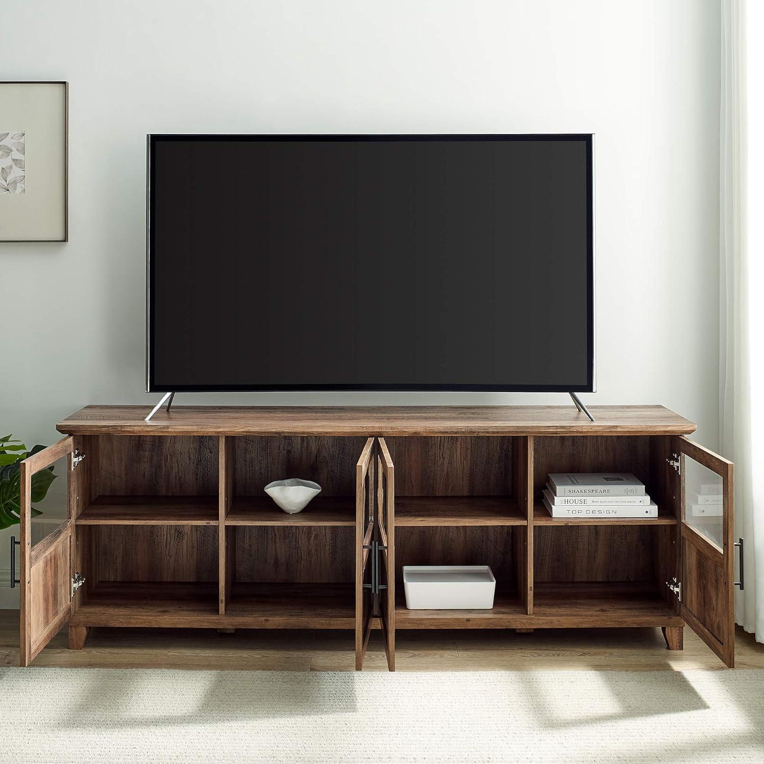 Rustic Oak 70" Reclaimed Barnwood TV Stand with Glass Panel Doors