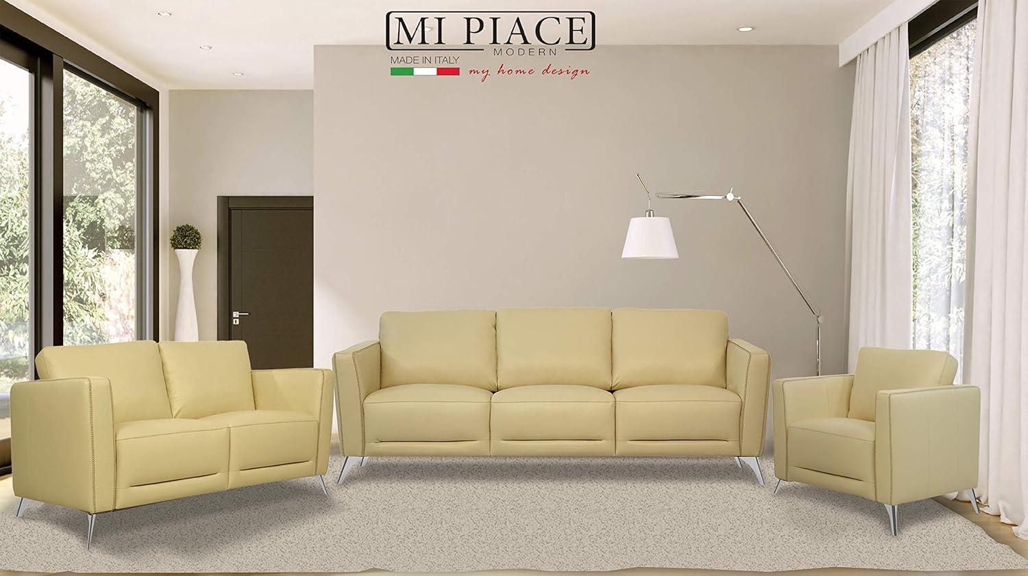 Malaga Cream Beige Leather Sofa with Chrome Legs