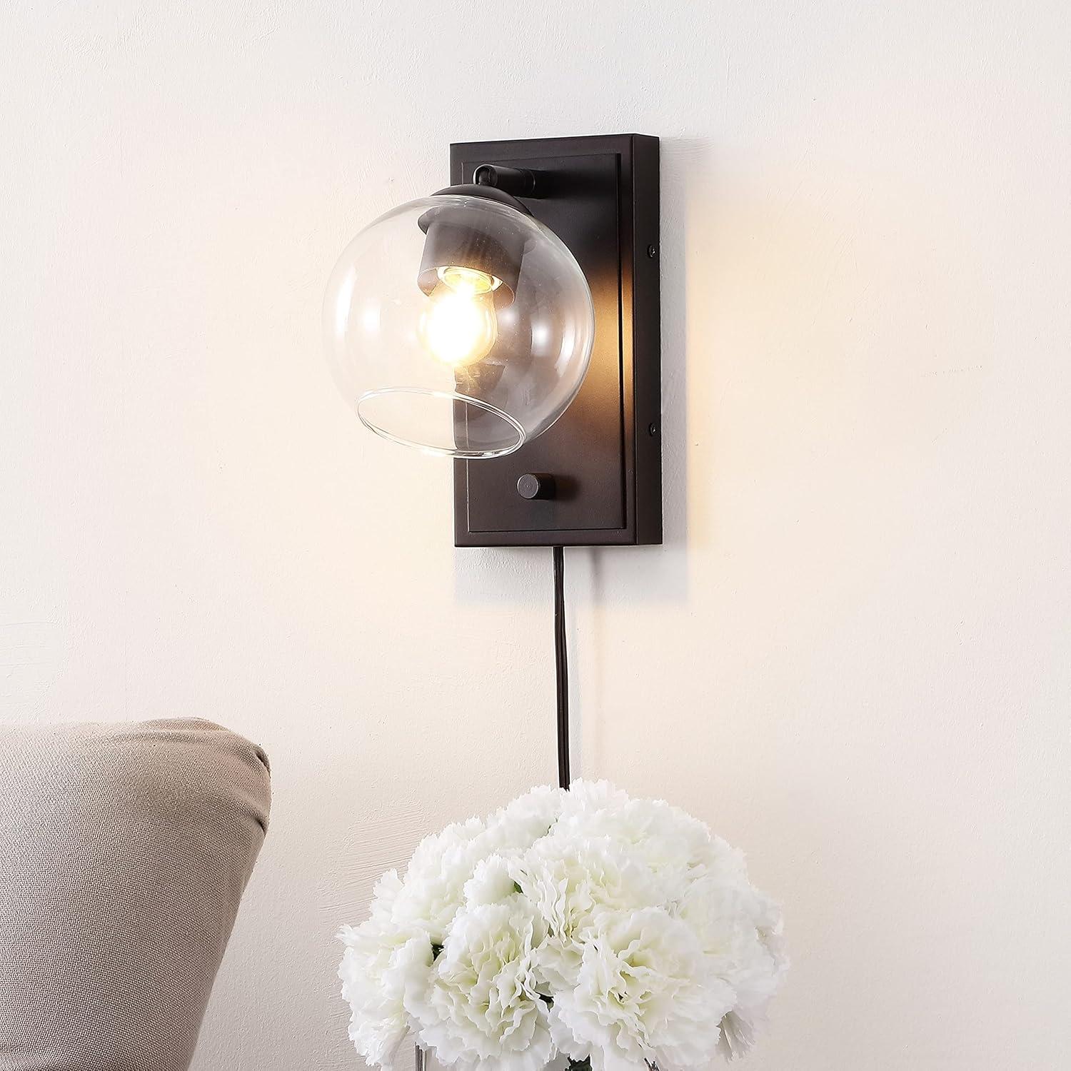 Hugo 6" 1-Light Minimalist Modern Plug-In or Hardwired Adjustable Iron LED Wall Sconce with Rotary Dimmer, Oil Rubbed Bronze with Clear Globe