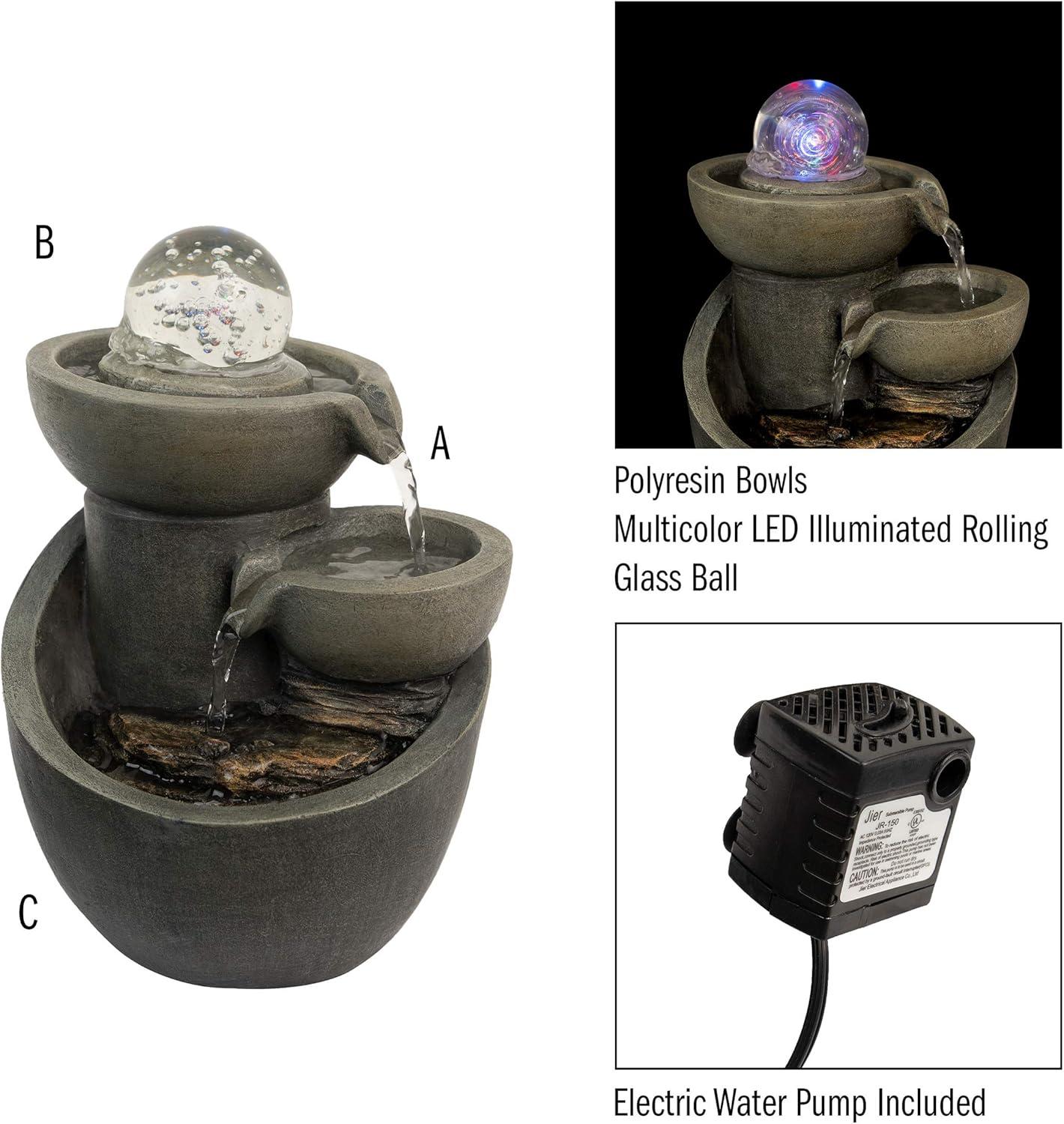 Gray Polyresin 3-Tier Tabletop Water Fountain with LED Lights