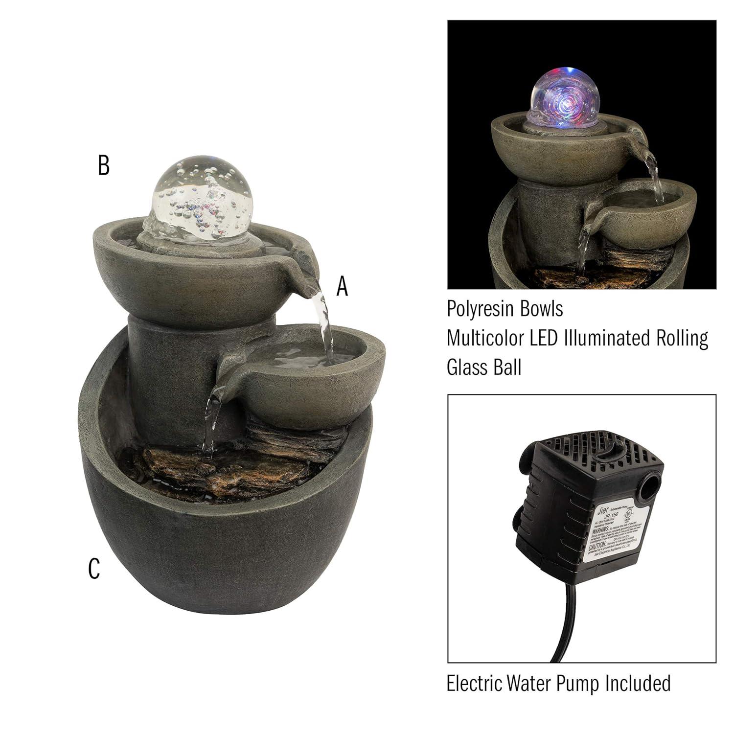 Pure Garden Tabletop 3 Tier Water Fountain with Waterfall with Rolling Glass Ball and Multi-Colored LED Lights