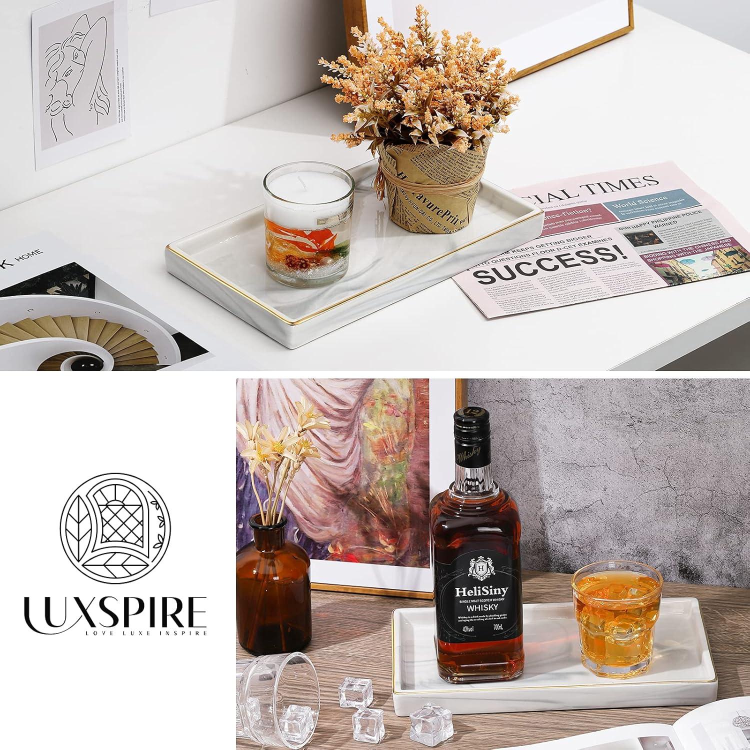 Luxspire Bathroom Vanity Tray, 11" Marble Ceramic Bathroom Trays for Counter, Gold and White Tray for Dresser, Kitchen Counter Tray, Perfume Tray, Bathroom Accessories, Medium, Marble White