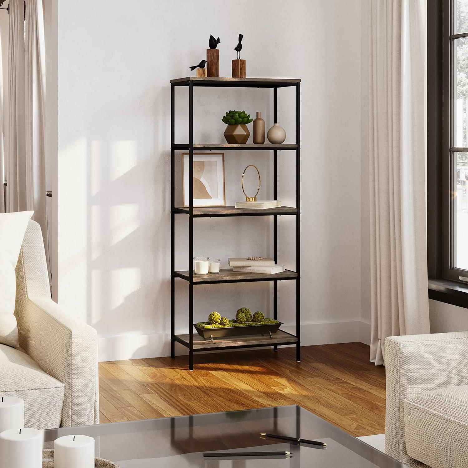 Lavish Home 5-Tier Bookshelf - Open Industrial Style Etagere Wooden Shelving Unit