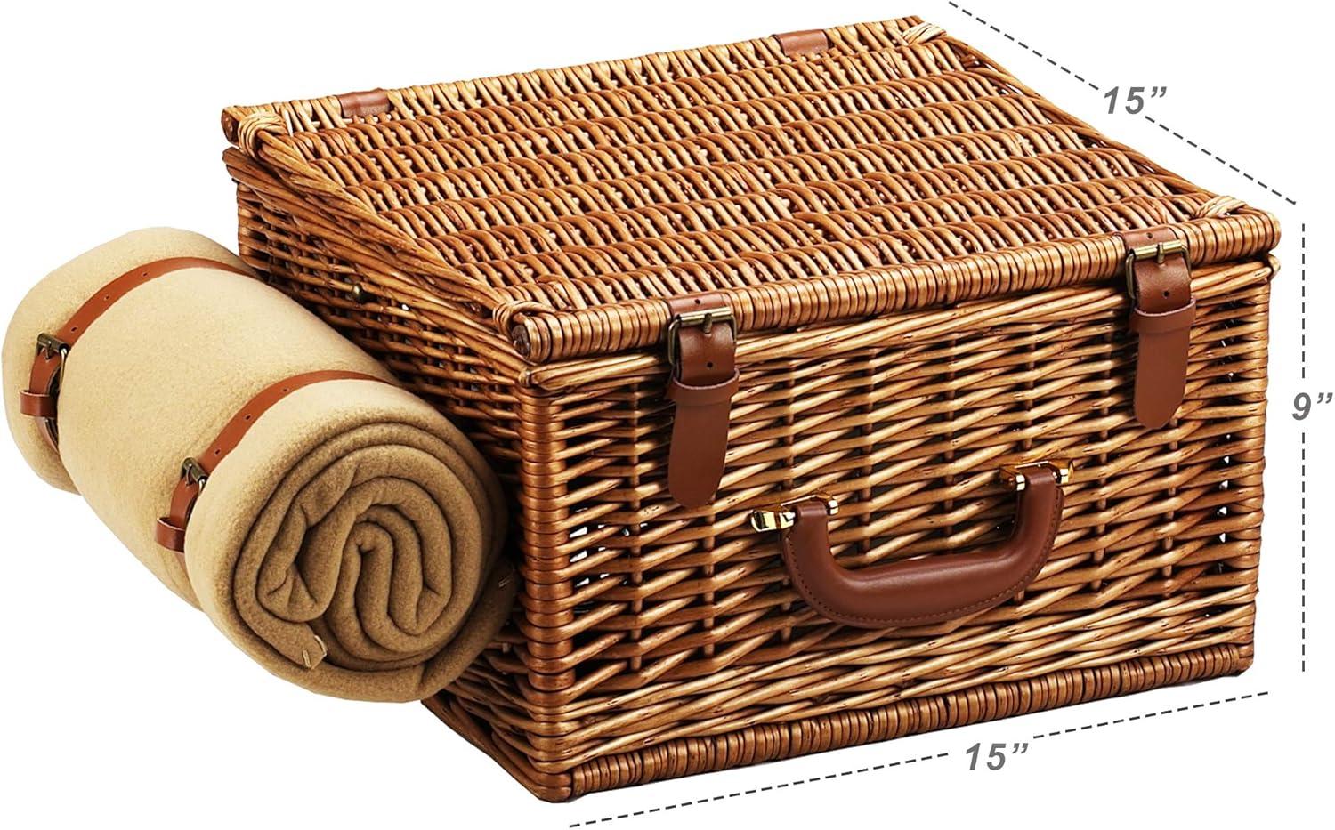 Picnic At Ascot English Style Willow Basket With Two Person Picnic Set And Blanket