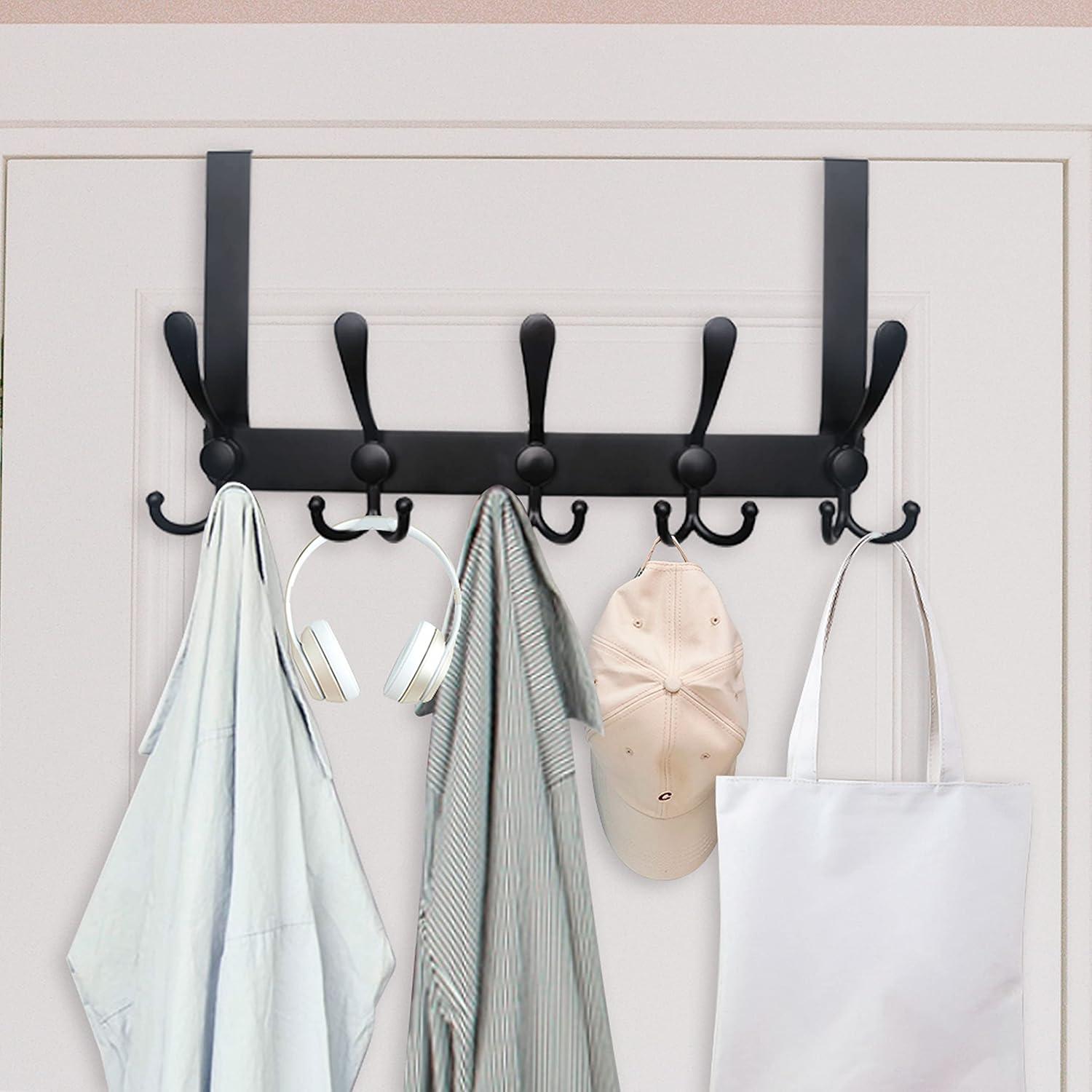 WEBI Over The Door Hook,Door Hanger Hook Rack with 5 Tri Hooks for Hanging Coats,Over Door Towel Rack Door Coat Towel Hanger Door Coat Rack for Bathroom,Behind Back of Door,Black