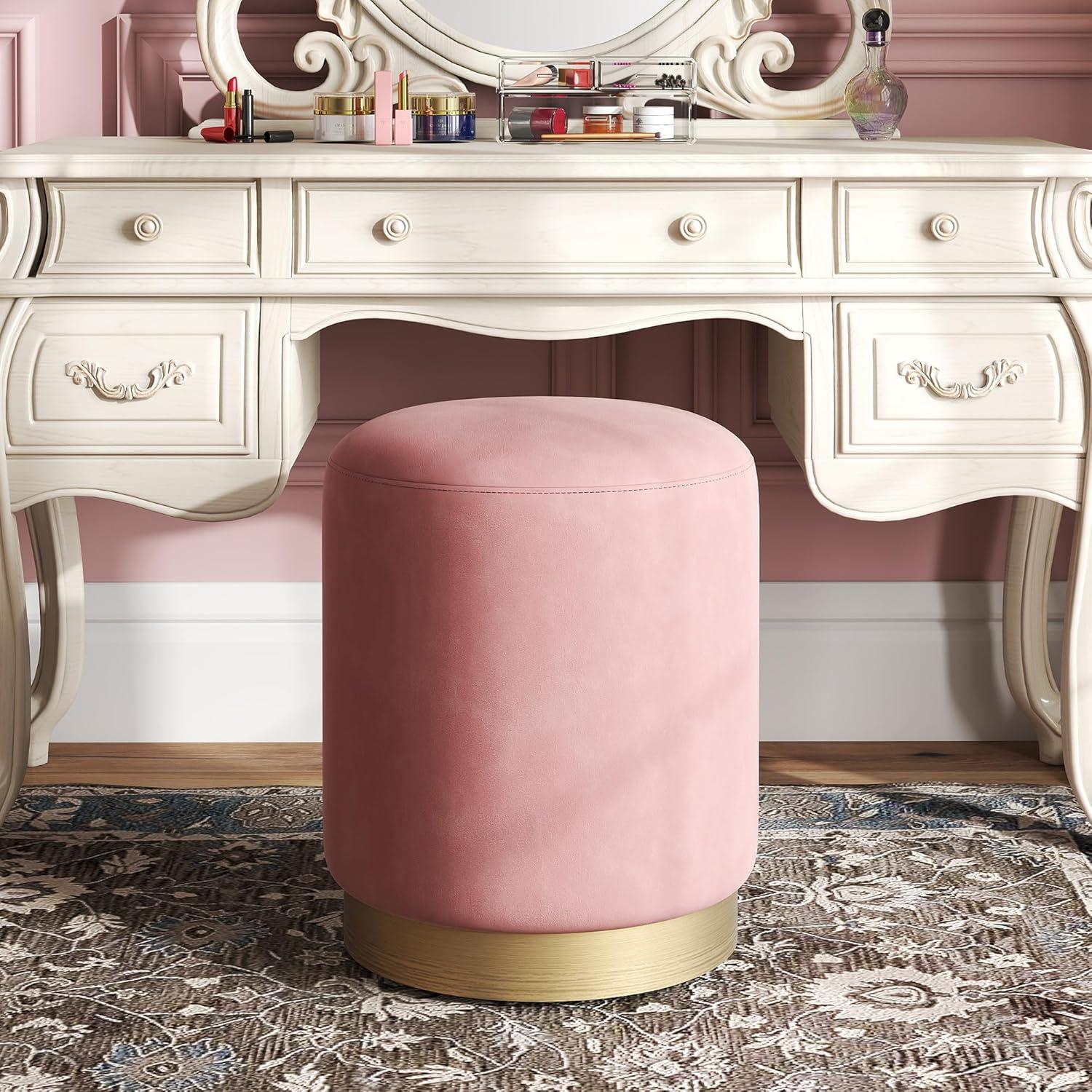 Velvet Fabric Upholstered Padded Round Pouf Ottoman, Pink