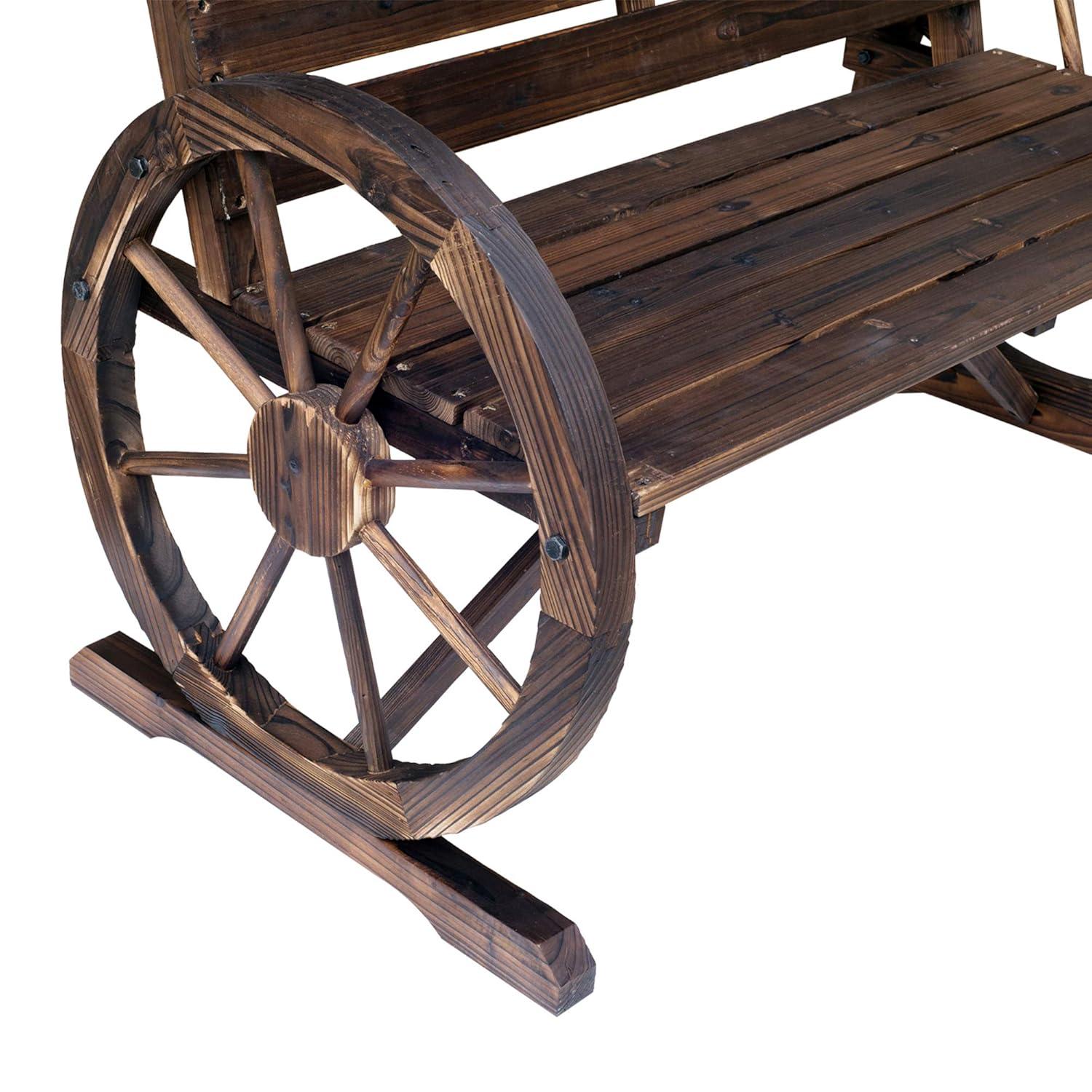 Outsunny Wooden Wagon Wheel Bench Rustic Outdoor Patio Furniture, 2-Person Seat Bench with Backrest Carbonized