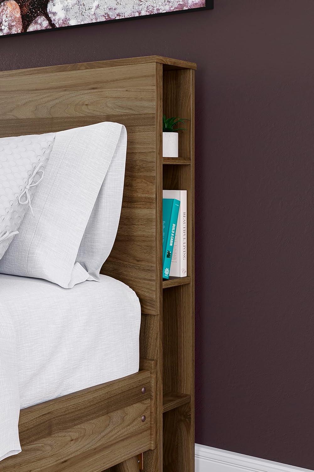 Full Brown Wood Bookcase Headboard with Storage