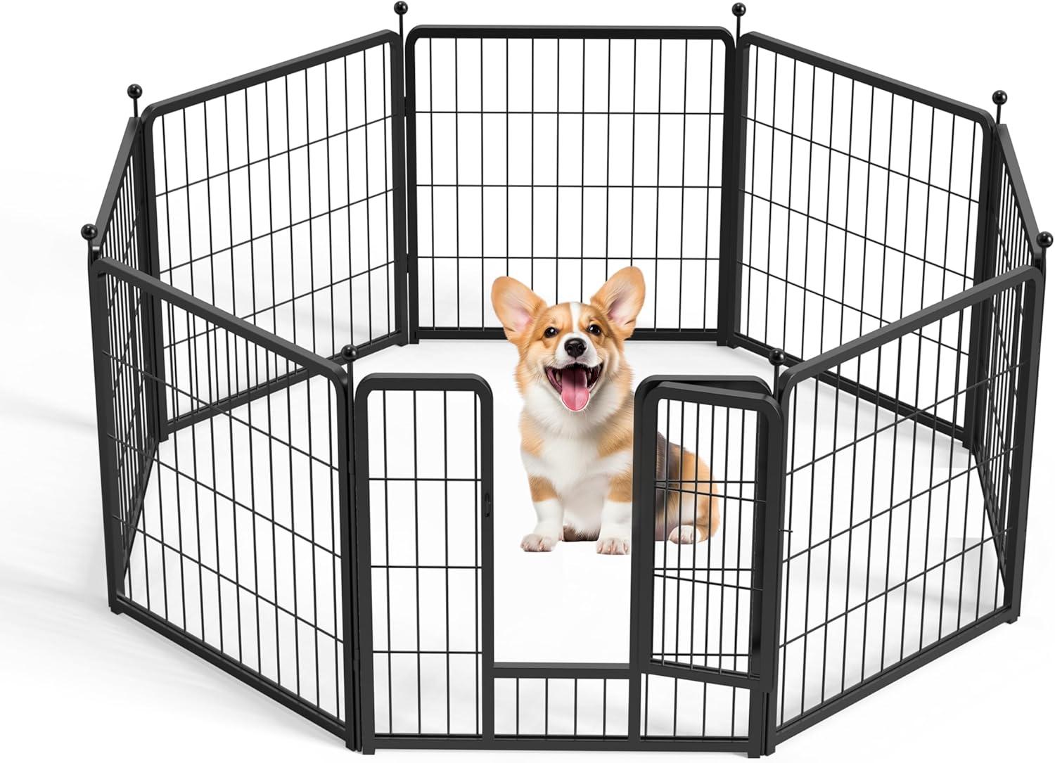 24-Inch Black Metal 8-Panel Dog Playpen for Indoor and Outdoor Use