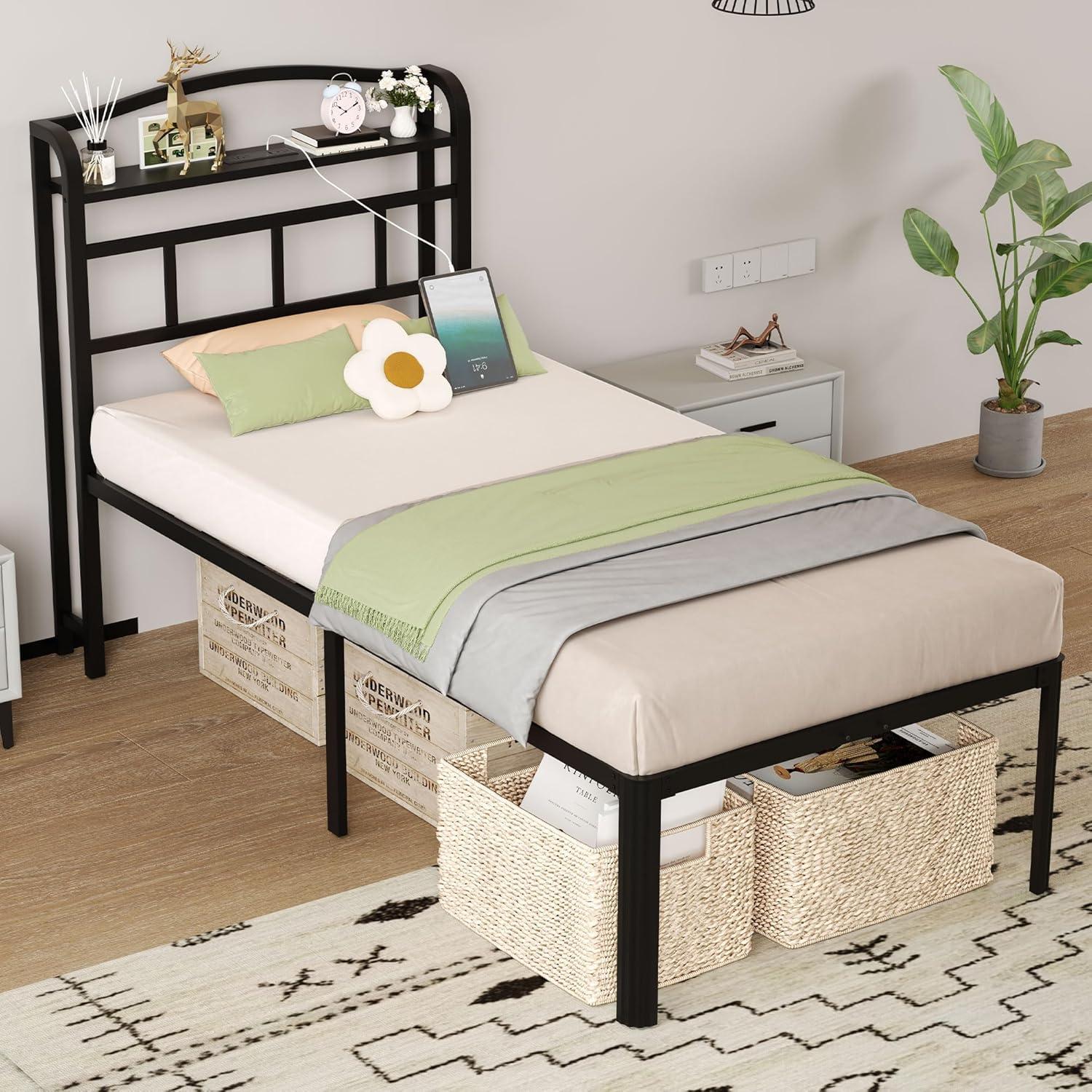 Twin Black Metal Bed Frame with Charging Station and Storage