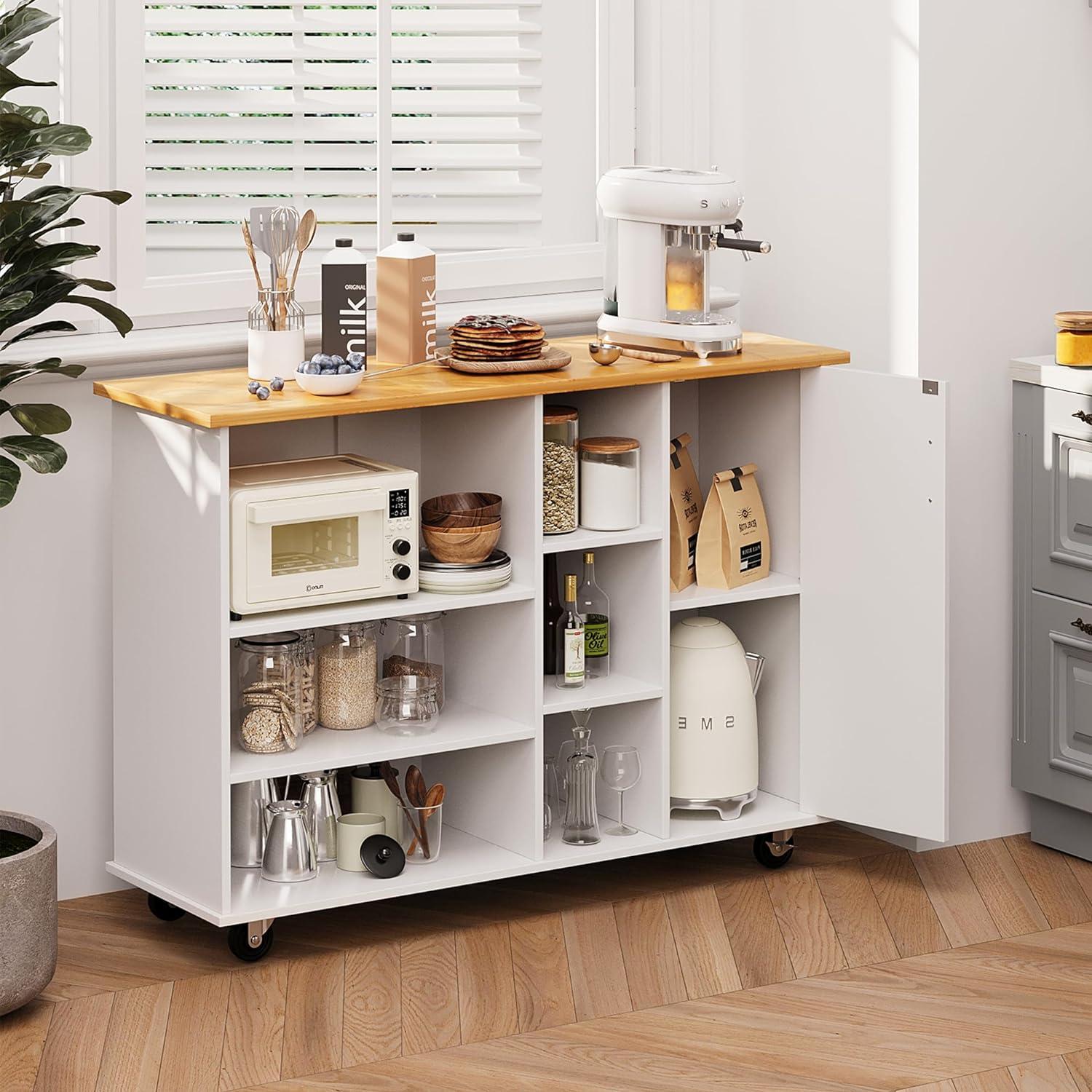 Sobaniilo Small Kitchen Island on Wheels with 3-Tier Side Spice Rack and Rubber Wood Top, Trolley Cart with Storage Cabinet & Drawer and Handle/Towel Rack, White