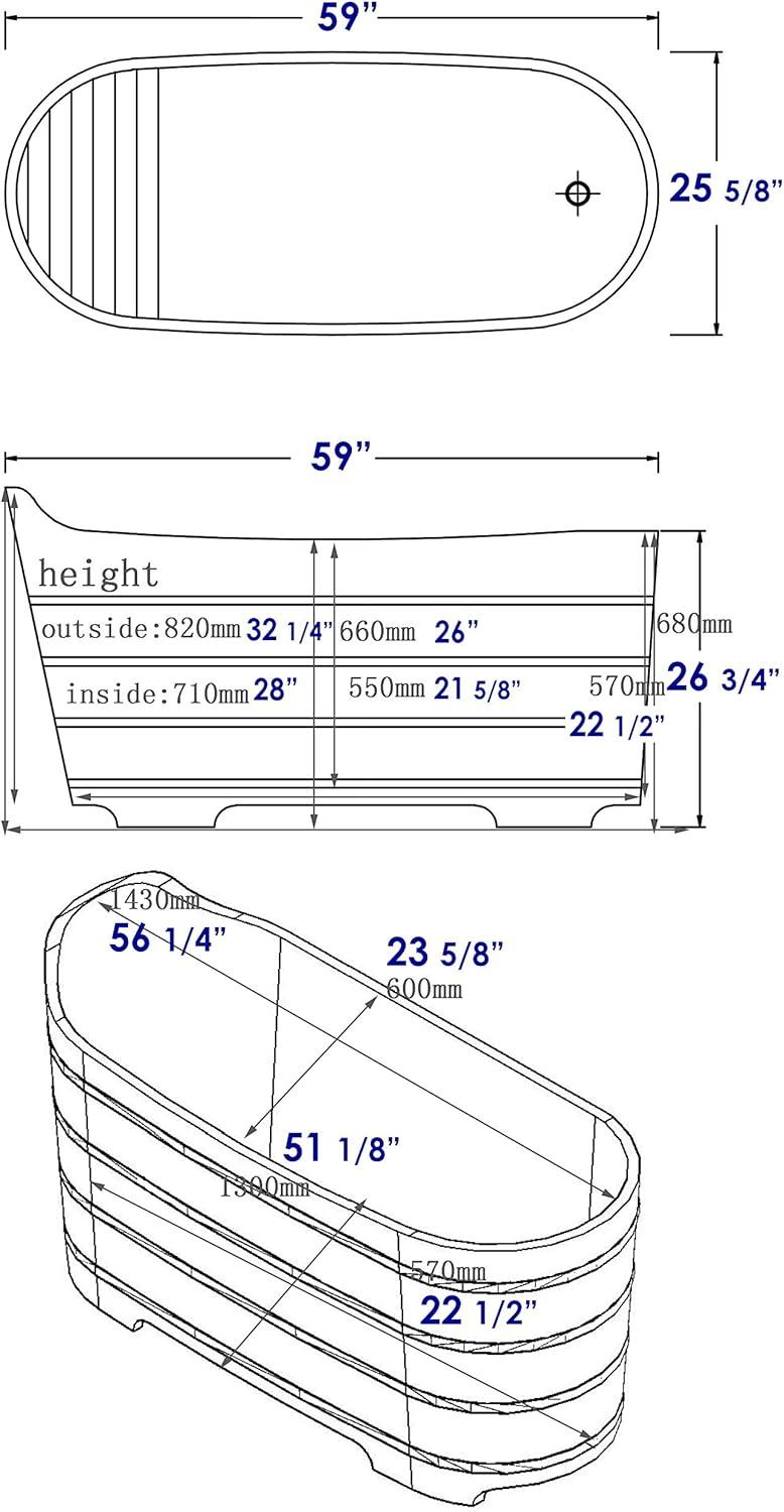 59'' x 25.6'' Freestanding Soaking Solid Surface Bathtub