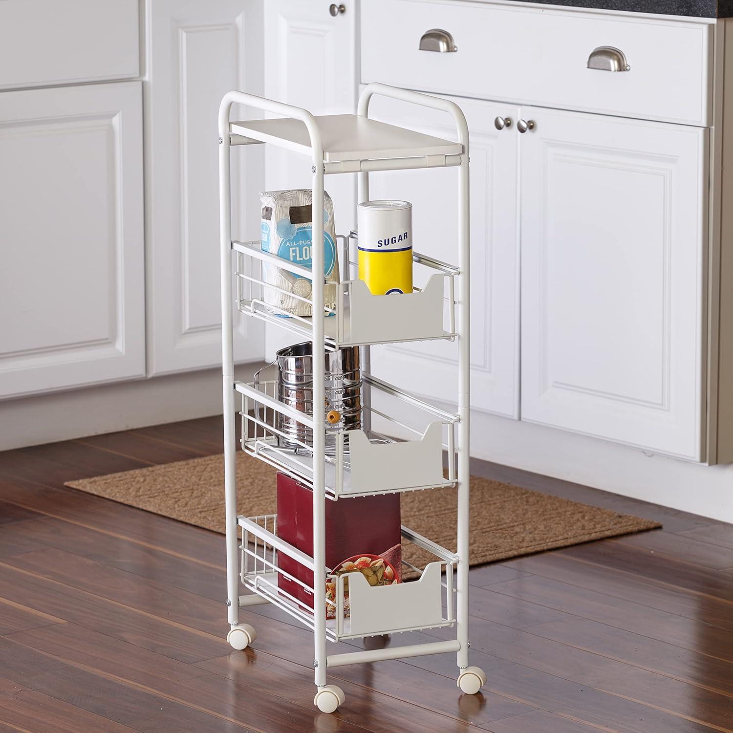 White 4-Tier Slim Rolling Metal Utility Cart with Drawers