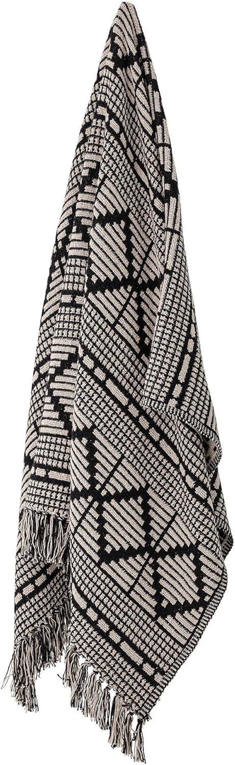 Bloomingville Black & Beige Woven Cotton Blend Blanket with Fringe Throw, Black