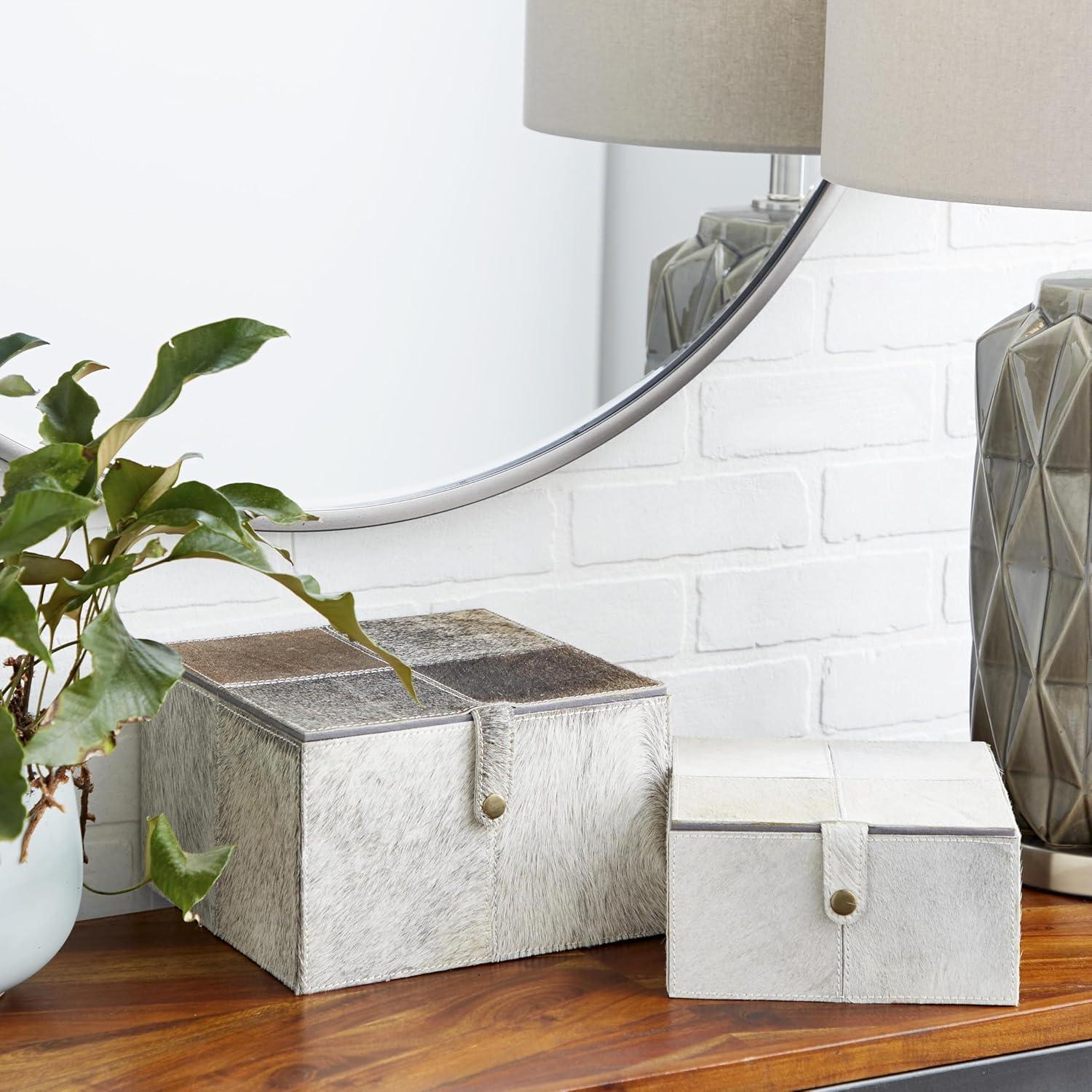 Gray Leather Hide Lidded Storage Boxes with Dividers