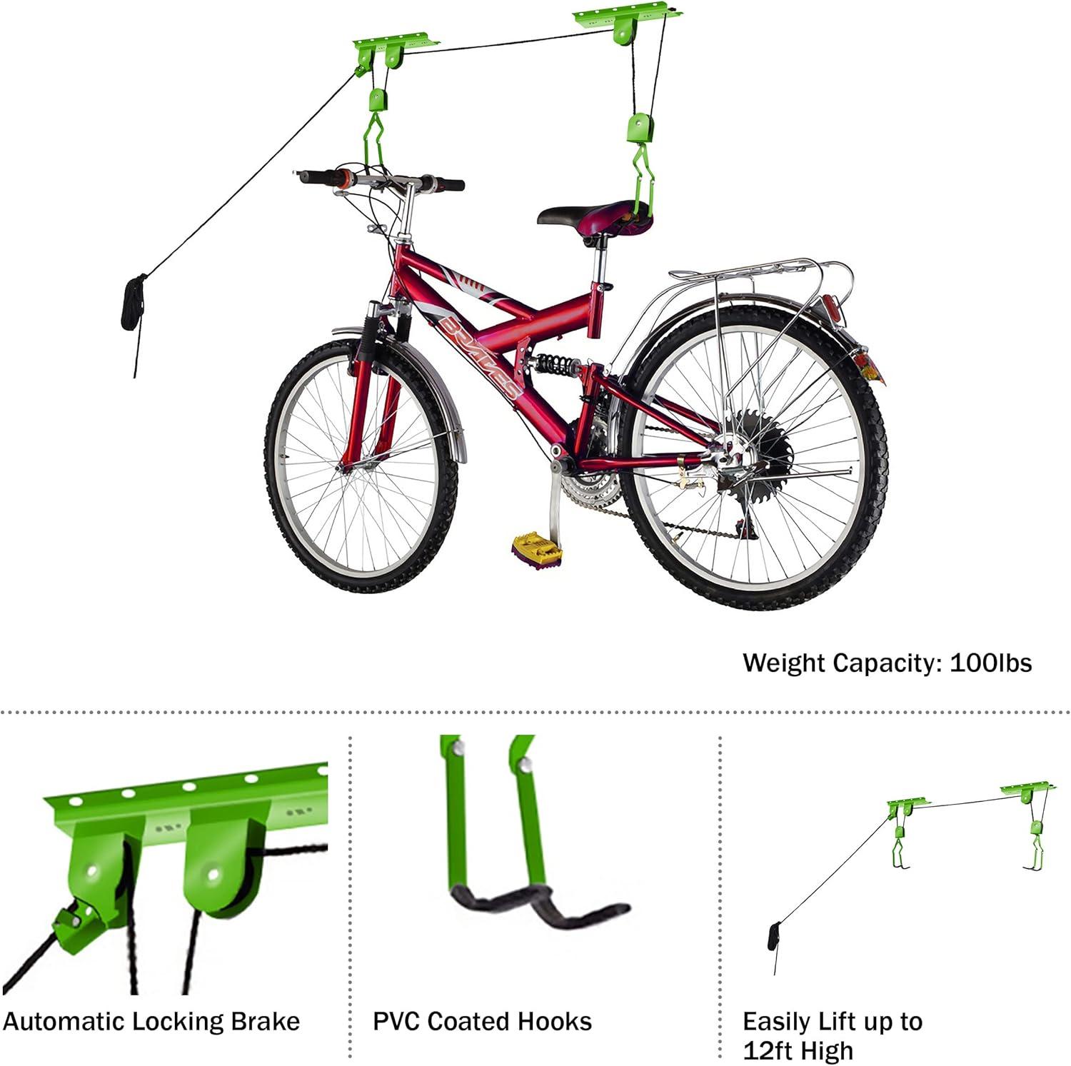 Rad Sportz Bike Hanger Set - Overhead Pulley System - Garage, 100lb Capacity - Bicycles, Ladders