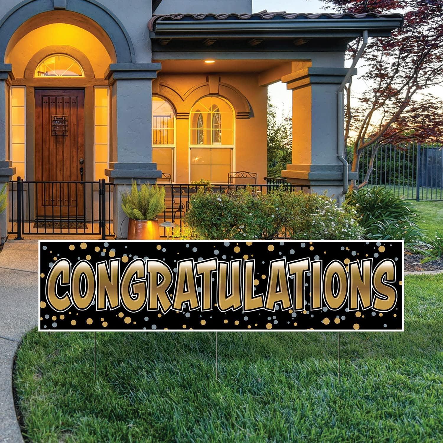 Jumbo Black and Gold Congratulations Yard Sign with Metal Stakes