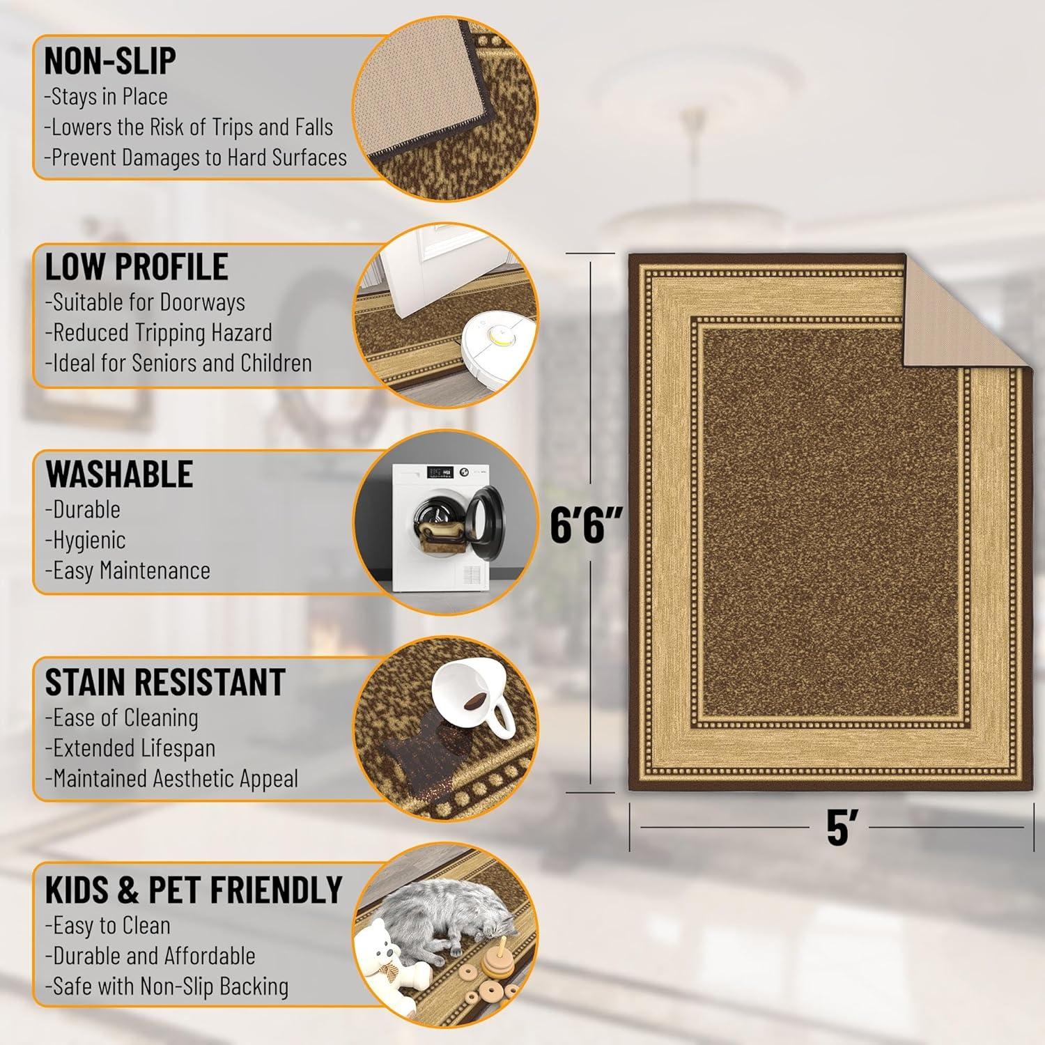 Brown and Beige Oval Washable Stain-Resistant Area Rug