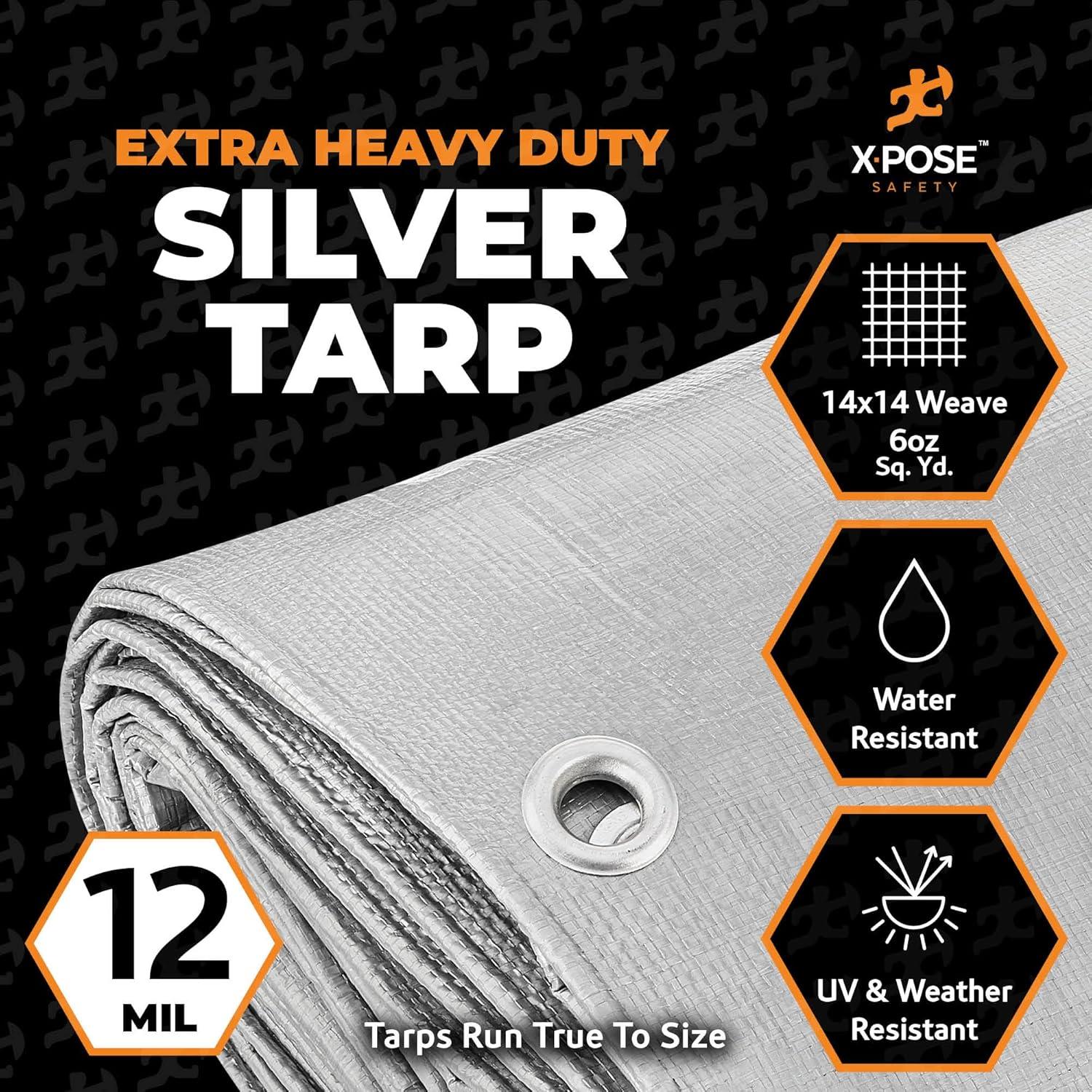 Heavy Duty Silver Poly Tarp 9' X 12' - Multipurpose Protective Cover - Durable, Waterproof, Weather Proof, Rip and Tear Resistant - Extra Thick 12 Mil Polyethylene - by Xpose Safety