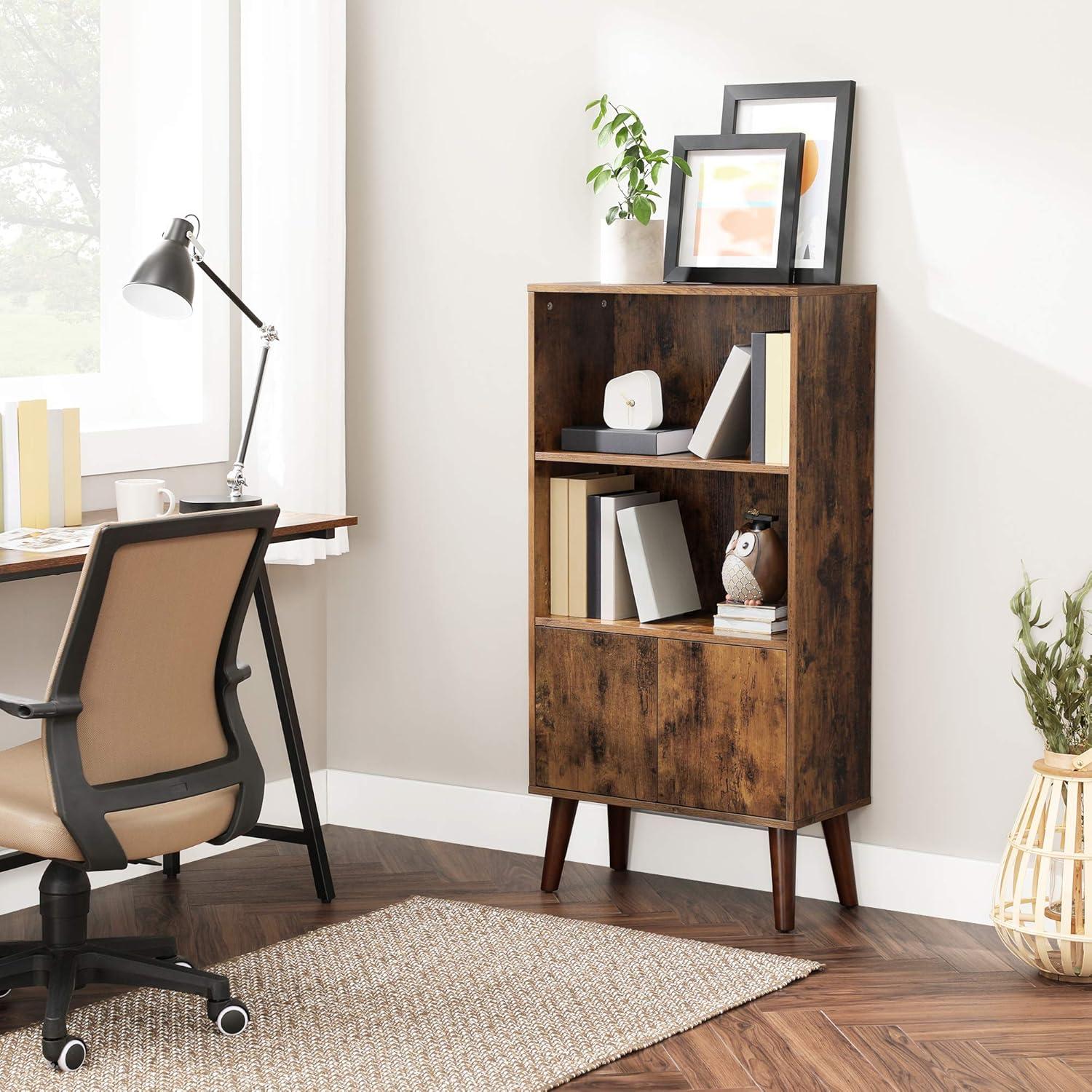 Walnut 2-Tier Mid-Century Modern Bookcase with Doors