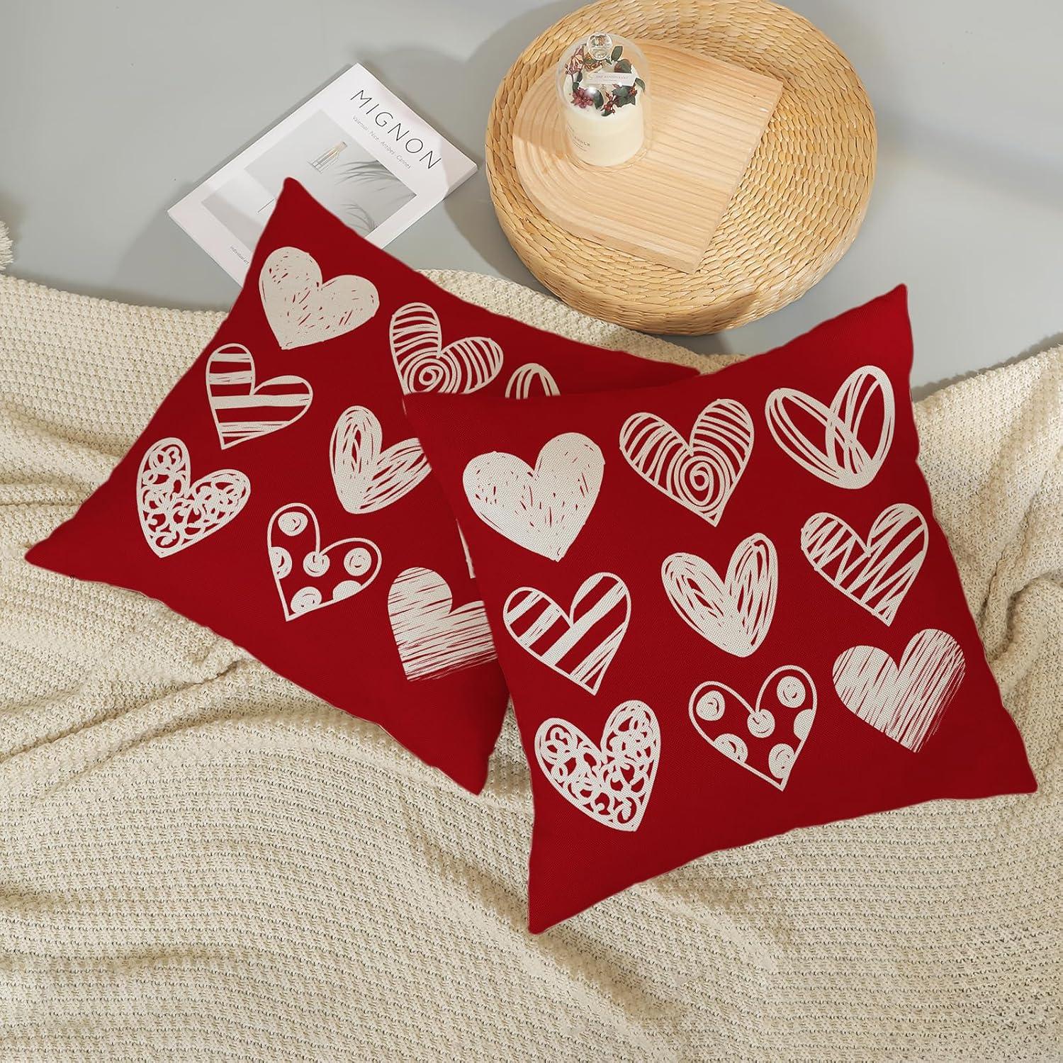 Red and White Polyester Valentine's Day Heart Pillow Covers 18x18 Inch Set