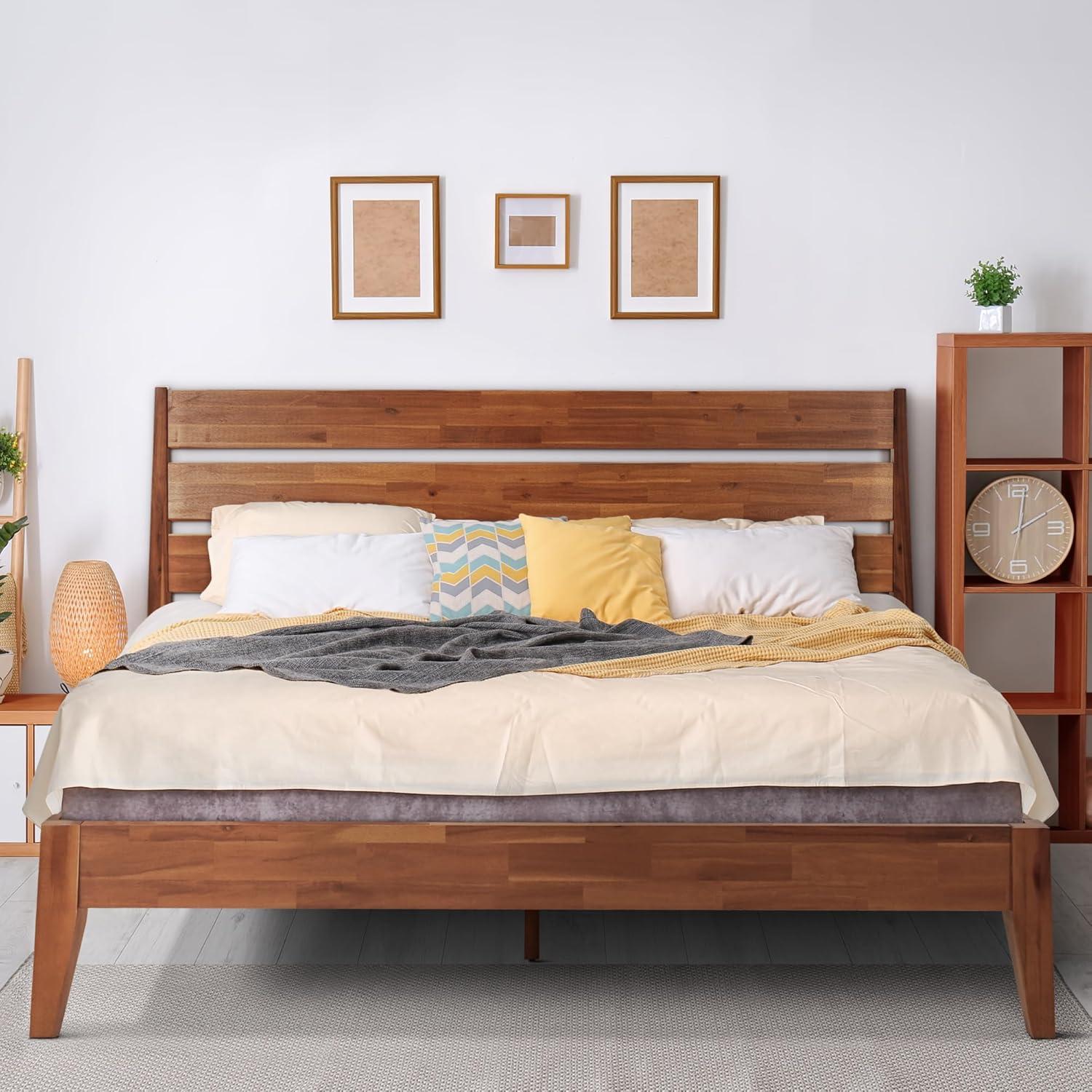 Acacia Premium Emery Solid Wood Platform Bed Frame with Headboard Included, No Box Spring Needed, Weight Capacity 800lb.