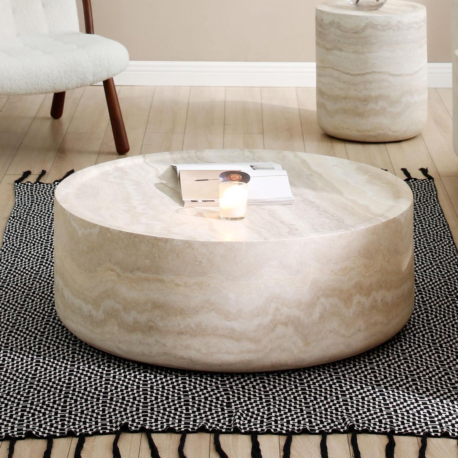 Modern Round Coffee Table Set of 2 for Living Room, Circle Coffee Table Side Table Set, Faux Mars Marble Pattern Center Table End Table Set for Apartment