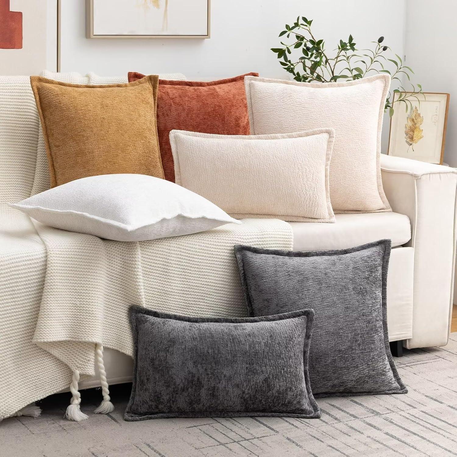 MADIZZ Set of 2 Linen Throw Pillow Covers with Broad Edge Soft Boho Decorative Pillow Cases for Sofa Bedroom Modern Pillow Shell 18x18 Inch Beige