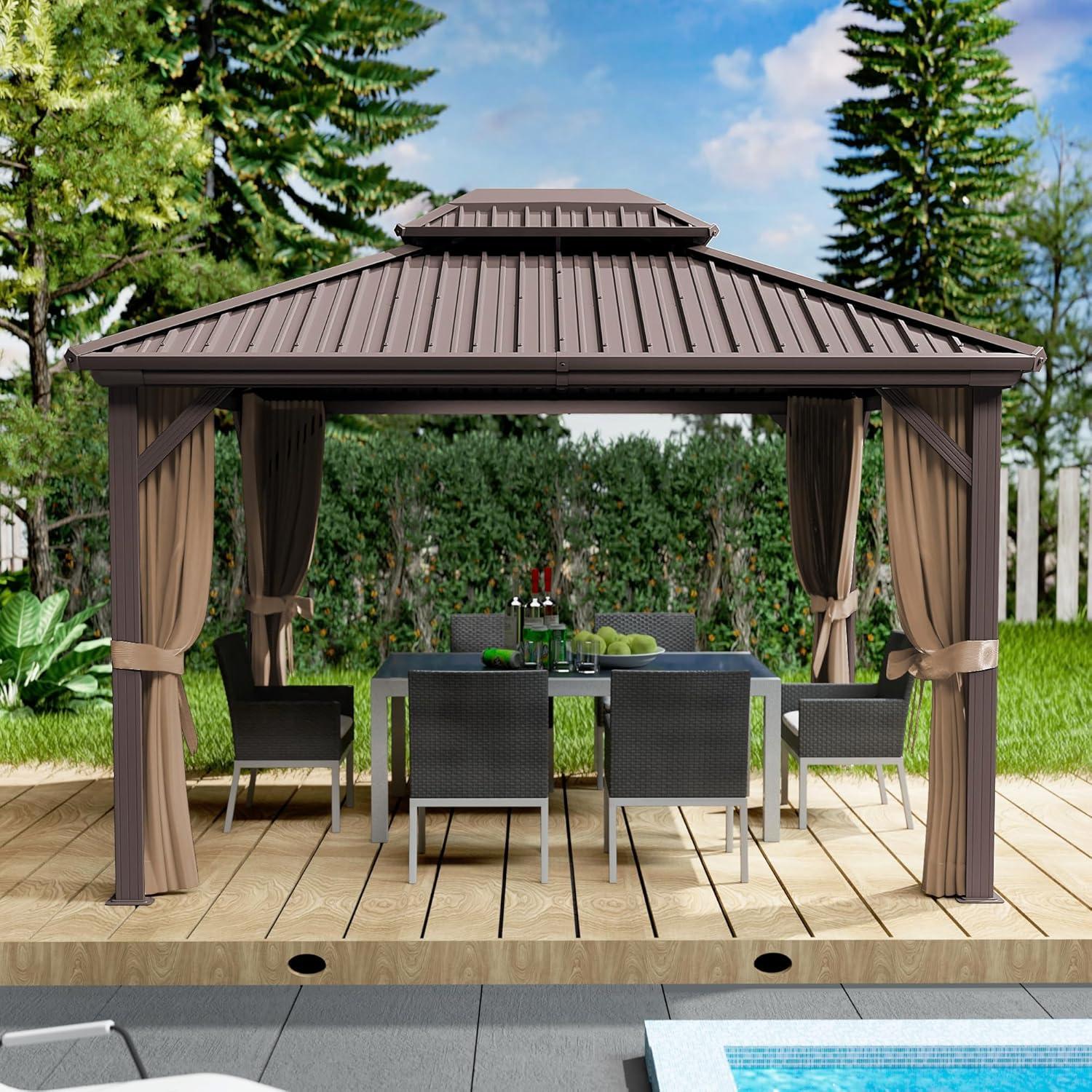 Kozyard Alexander 10?x12? Dark Brown Double Roof Hardtop Gazebo with Curtain and Mosquito Netting