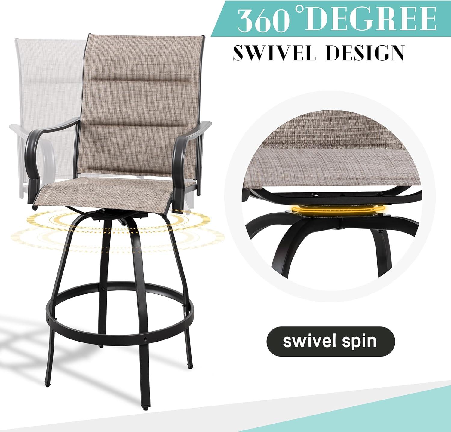 Vongrasig 5 Piece Patio Swivel Bar Set, All Weather Metal Textilene High Stools Chair Set of 4 and Glass Table, Outdoor Top Bistro for Lawn Garden, Balcony, Taupe Padded Gray VG-HGB4C1T