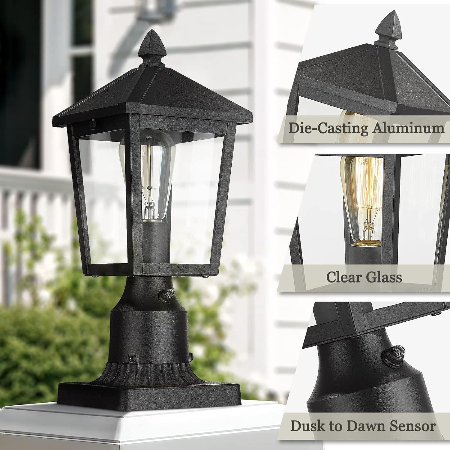 Black Metal Dusk to Dawn Outdoor Post Lights with Clear Glass, 2-Pack