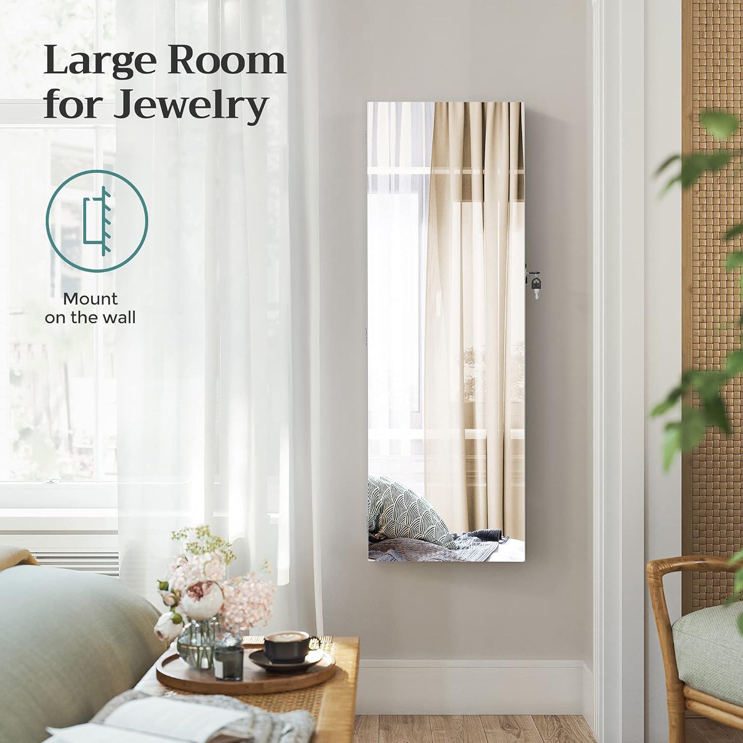 SONGMICS Jewelry Armoires Wall/Door Mount Jewelry Storage Cabinet Organizer Box Full-Length Mirror with Built-in Small Mirror Jewelry Shelves Gift White