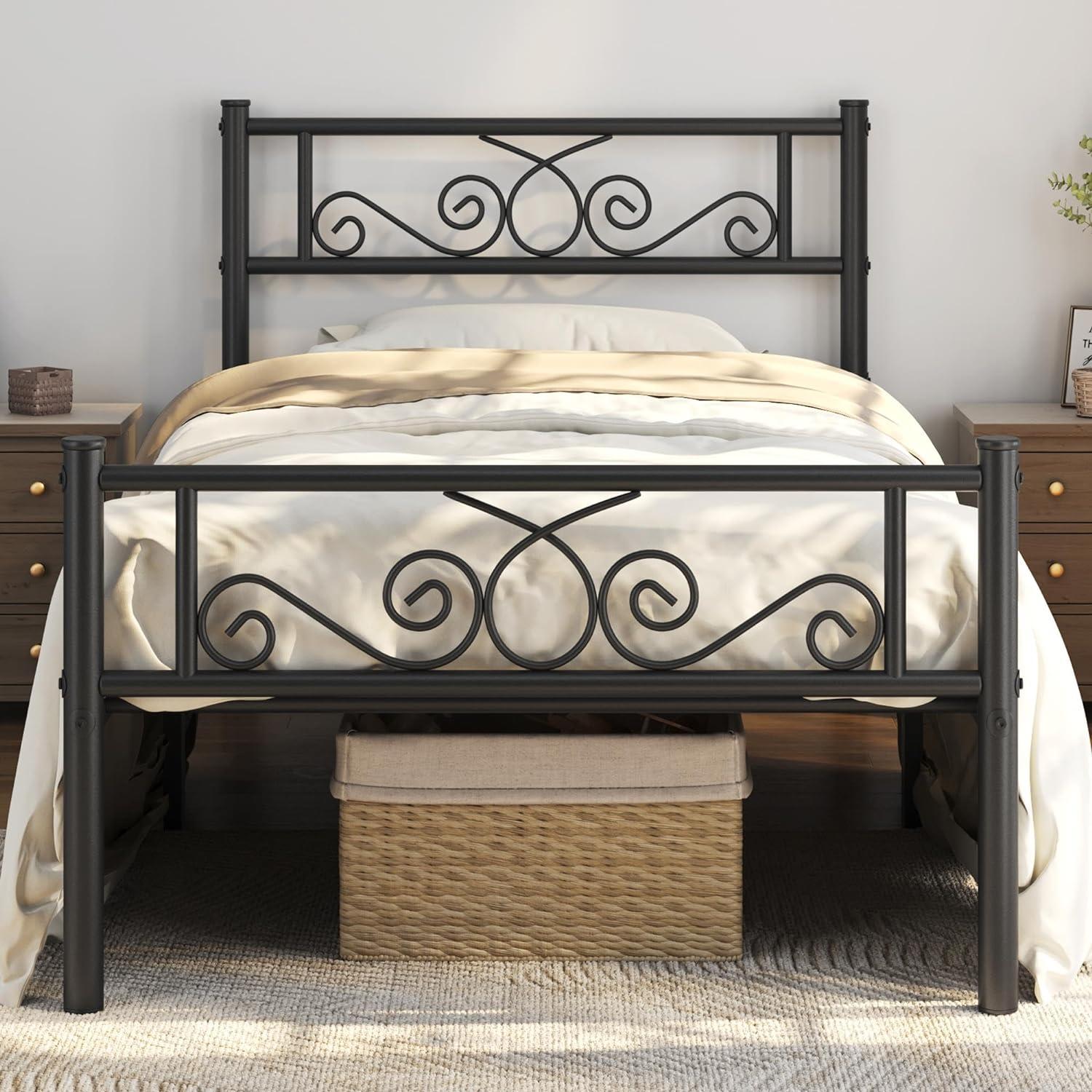 Black Twin XL Metal Platform Bed with Scroll Headboard and Footboard