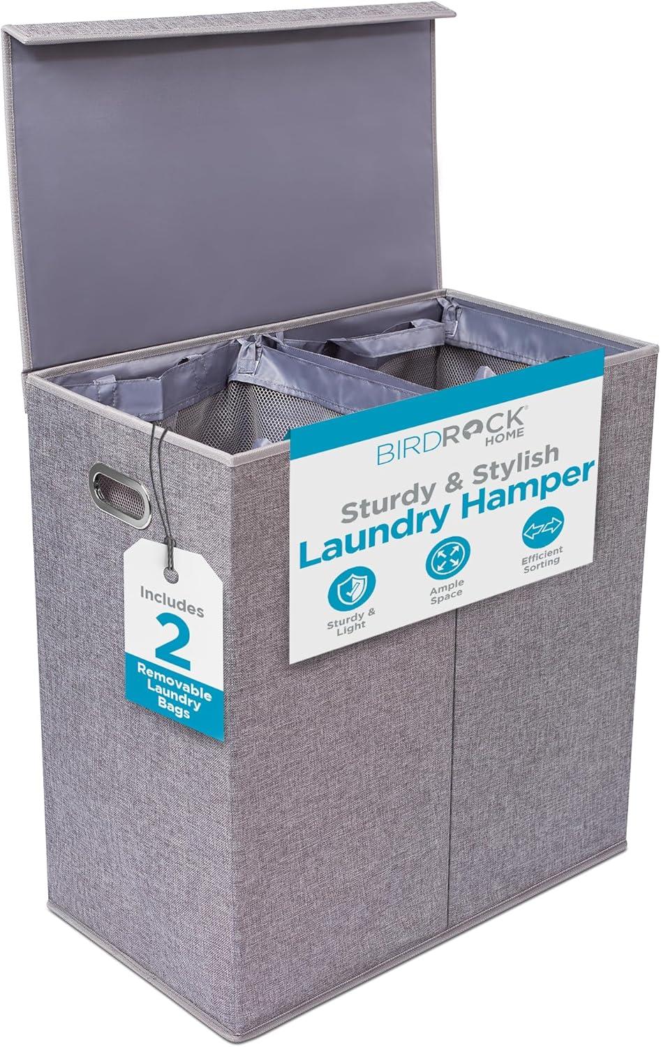 BirdRock Home Double Linen Laundry Hamper with Lid and Removable Liners - Grey