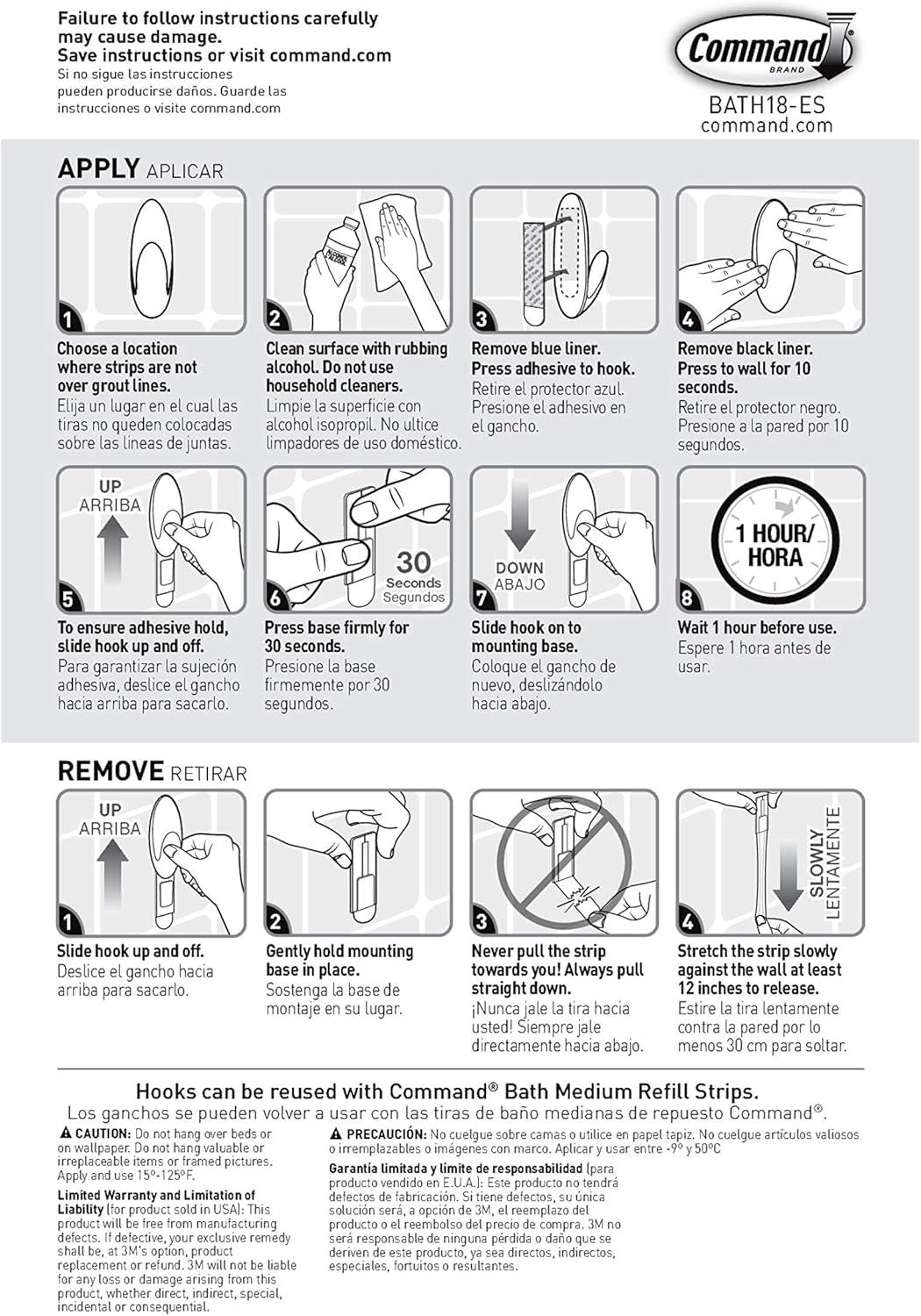 Command 2 Hooks 2 Strips Medium Sized Bath Hooks Frosted: Plastic Adhesive, 3 lb Capacity, Shower Command Hooks