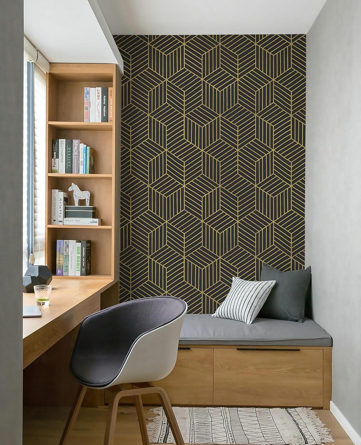 Wallpaper Black And Gold Peel And Stick Wallpaper Geometric Striped Hexagon Wallpaper Removable Self Adhesive Wall Paper Waterproof Vinyl Contact Paper For Cabinets Shelf Drawer 15.7"X78.7"