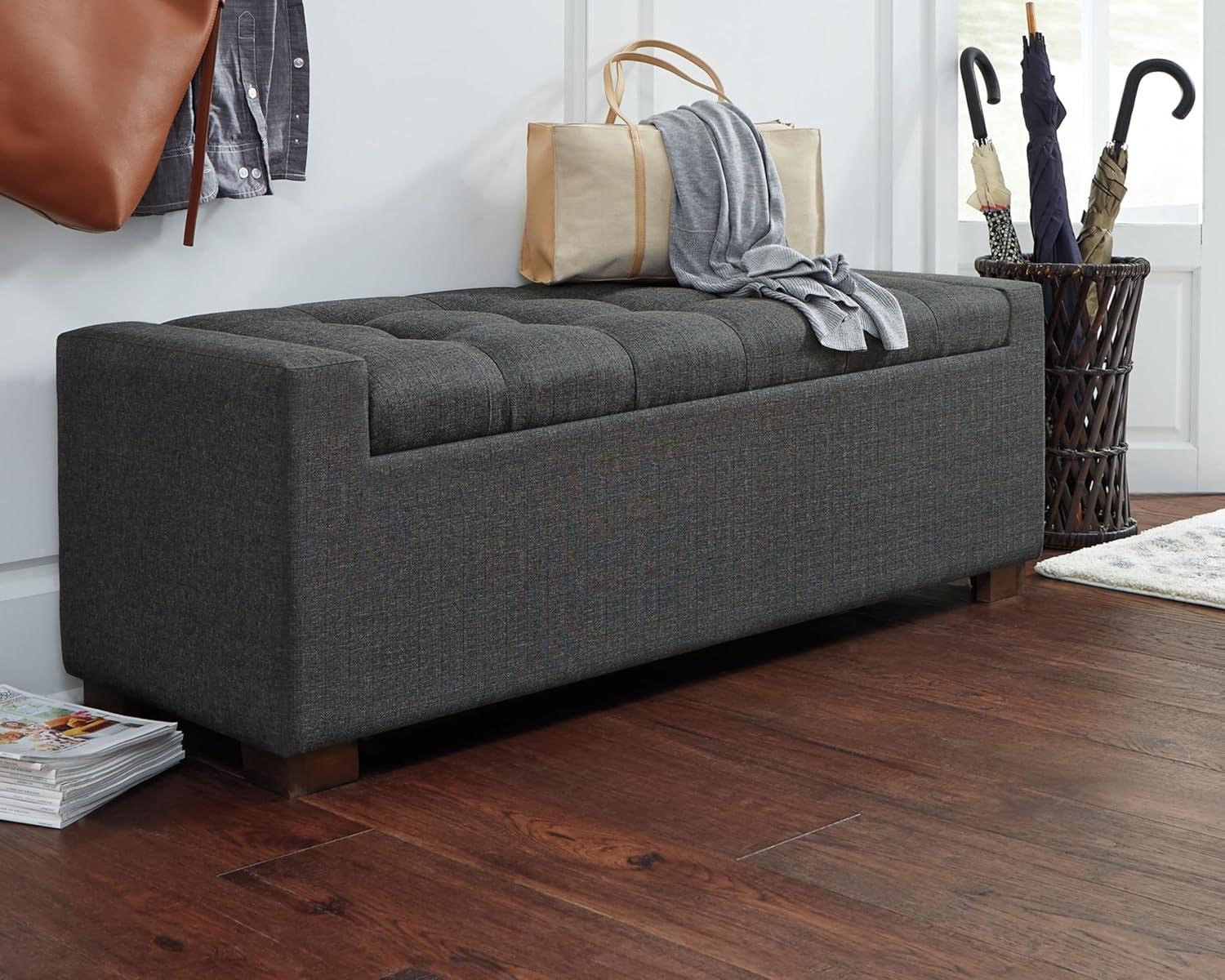 Transitional Charcoal Gray Tufted Storage Bench with Brown Wood Legs