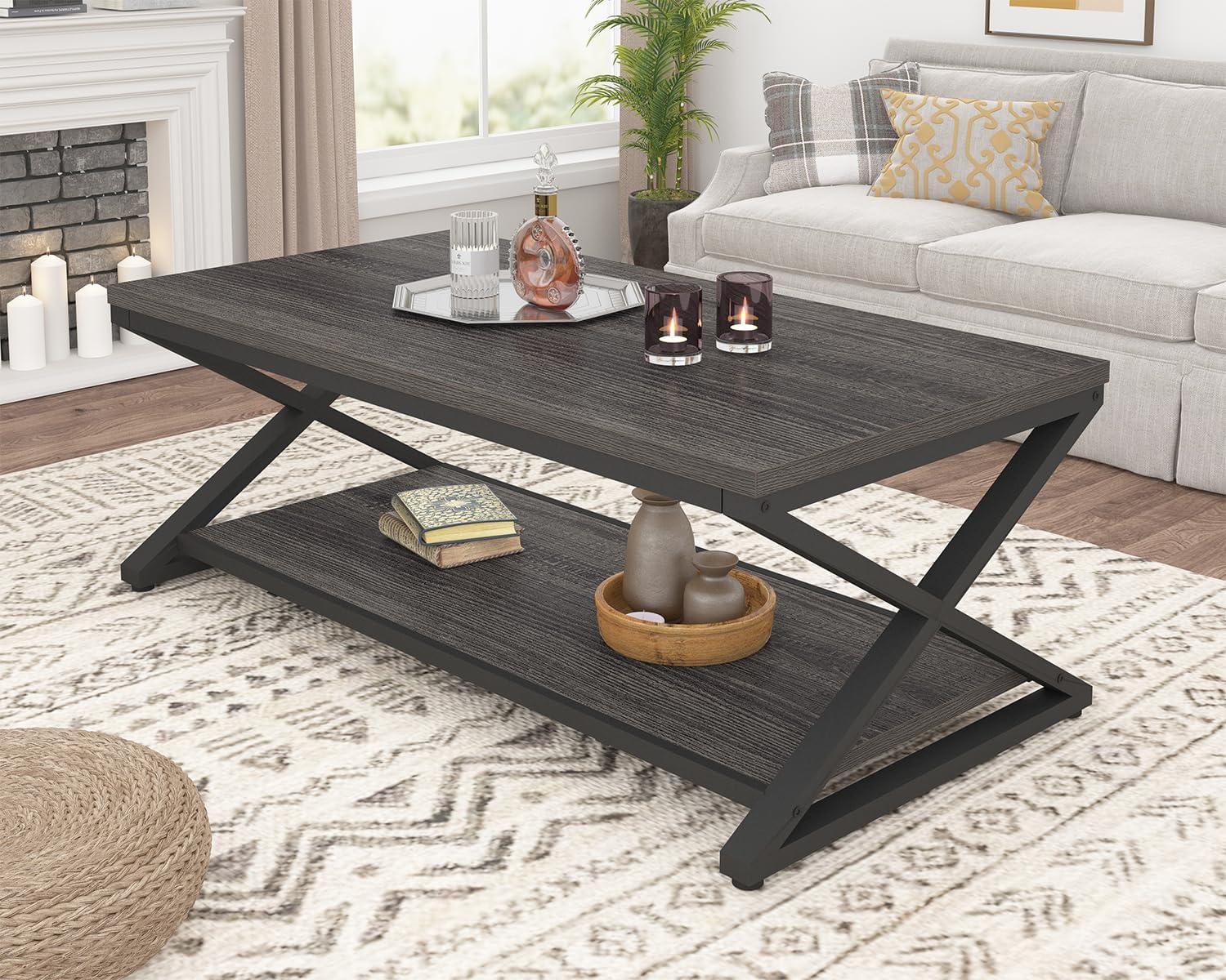 47 Inch Table with Storage Shelf, 2 Tier Rectangle Center Table Minimalist Home Tea Coffee Table