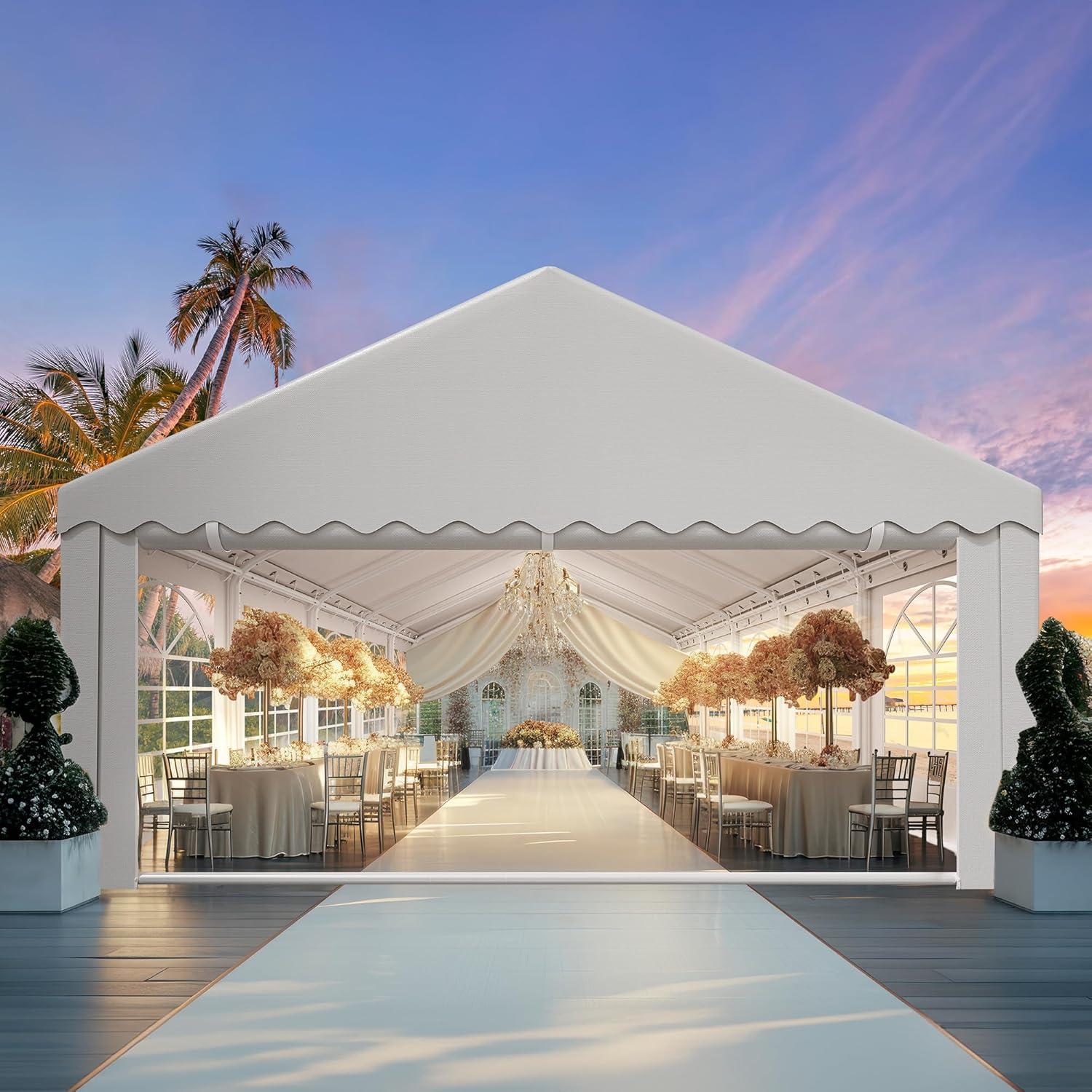 Dextrus 16x32FT Party Tent Heavy Duty PVC Wedding Event Shelters White Upgraded Galvanized Ripple Canopy with Large Roof Removable Sidewalls & 3 Storage Bags 600D Oxford Commercial