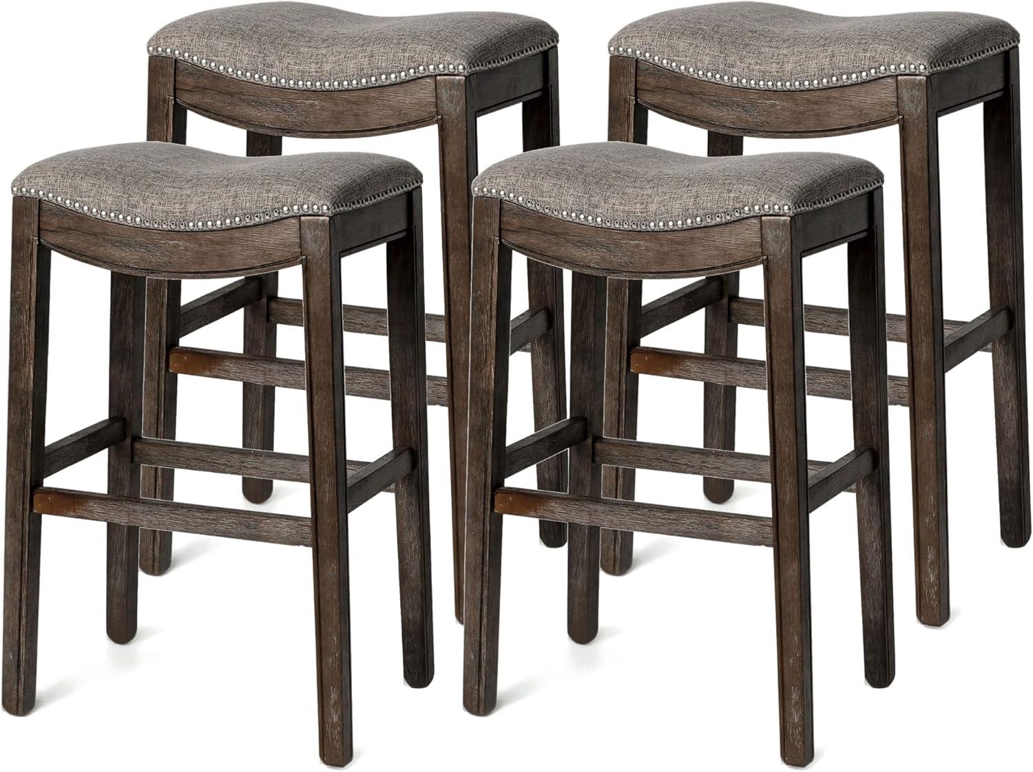 Elegant Gray Wirebrush Wood Saddle Kitchen Stool, Set of 4