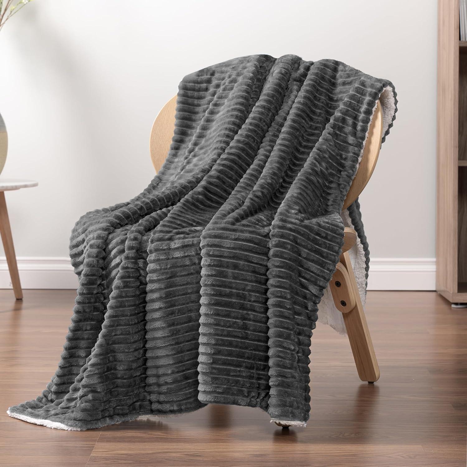 PAVILIA Soft Thick Fleece Flannel Ribbed Striped Throw Blanket, Luxury Fuzzy Plush Warm Cozy for Sofa Couch Bed