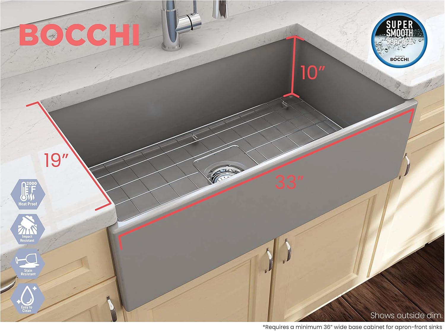 BOCCHI Contempo Farmhouse Apron Front Fireclay 33 in. Single Bowl Kitchen Sink with Protective Bottom Grid and Strainer in Matte Gray