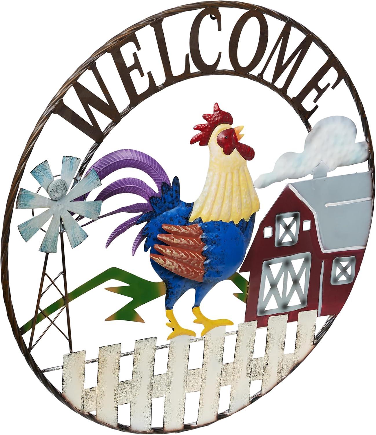 Alpine 30"H Large Round Rooster and Farm Welcome Wall Sign