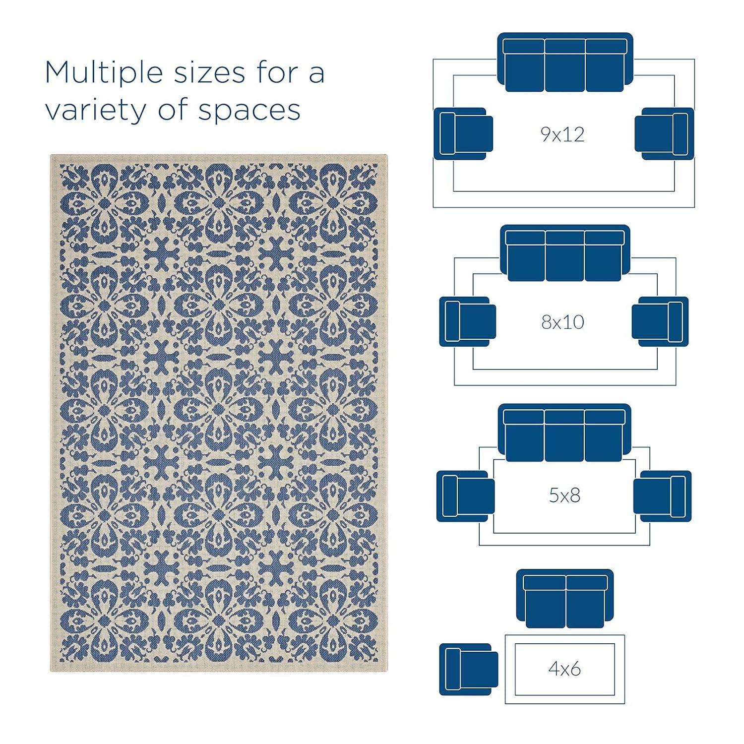 Modway Ariana Vintage Floral Trellis 9x12 Indoor and Outdoor Area Rug – Blue and Beige – Large Weather-Resistant Low Pile Rug for Patio or Living Room