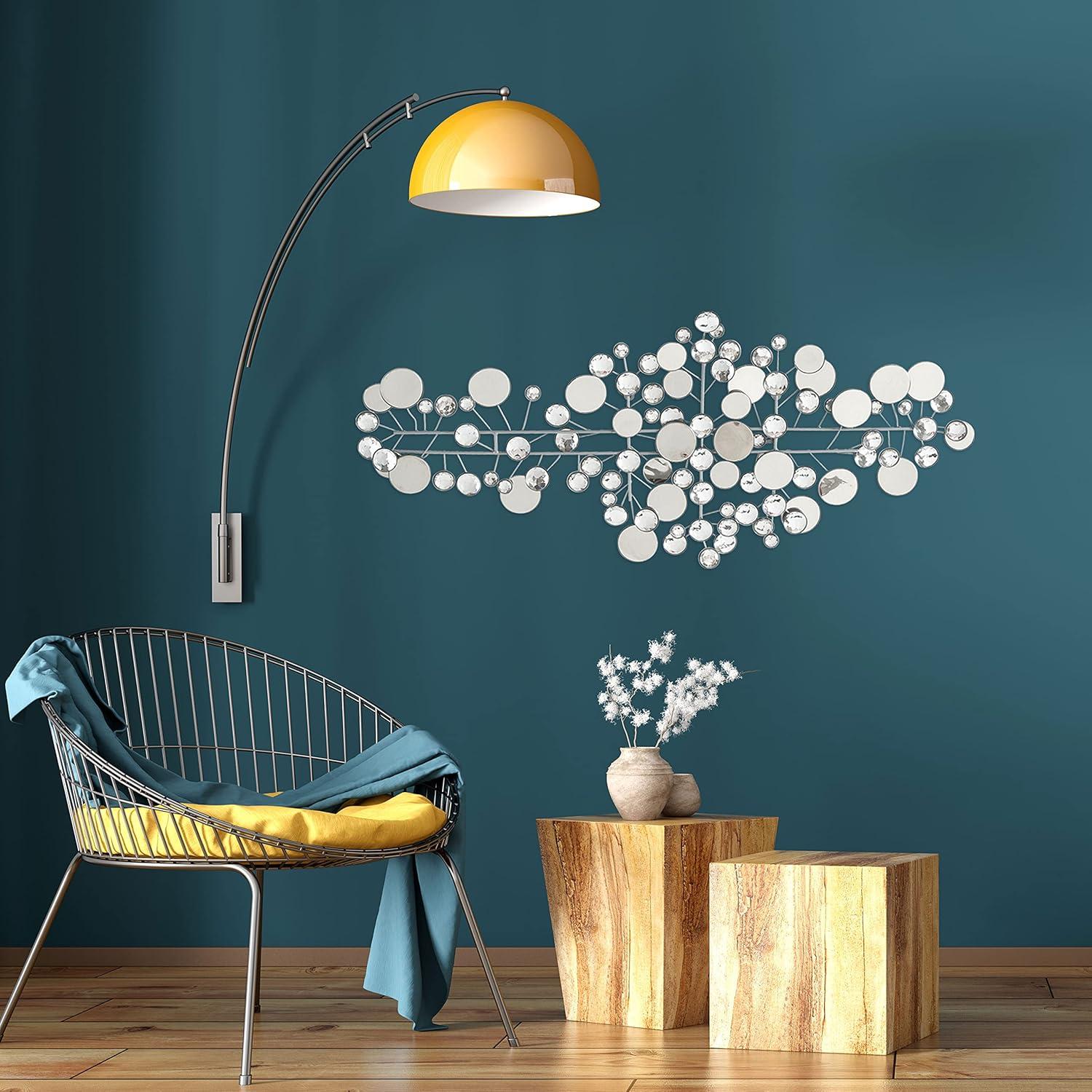 Modernist Floating Circles, Abstract Metal Wall Art, Artisan Crafted, Roundels of Silver, Mirrors, Faux Multi Carat Diamonds, Iron, Over 3 Ft Long, Hangers on Back