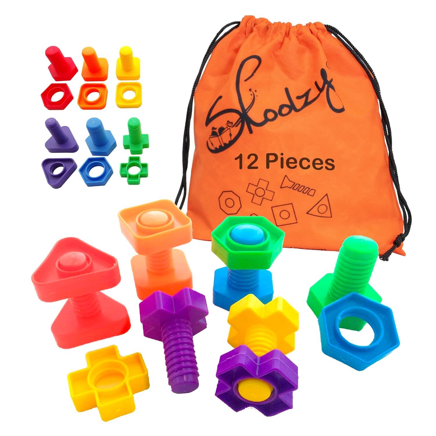 Skoolzy Nuts and Bolts 24 Piece Toy_Building_Block Set Sensory Occupational Therapy STEM for Baby Toddler Toys & Kids, Includes eBook