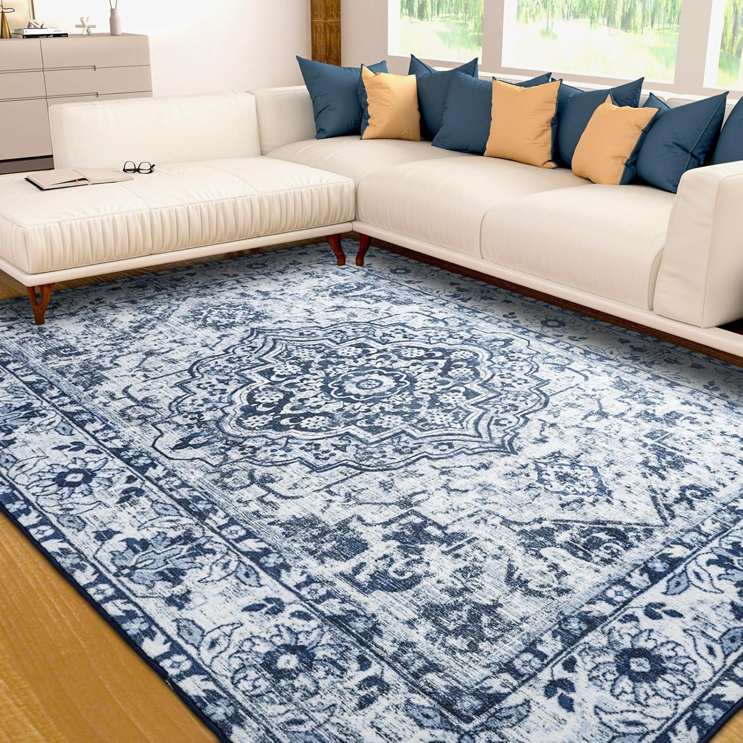 Soft Area Rug 5x7, Washable Living Bedroom Rug Low-Pile Vintage Rugs, Non-Slip Non-Shed Floral Print Accent Floor Carpet for Dining Room Home Office, Updated Blue