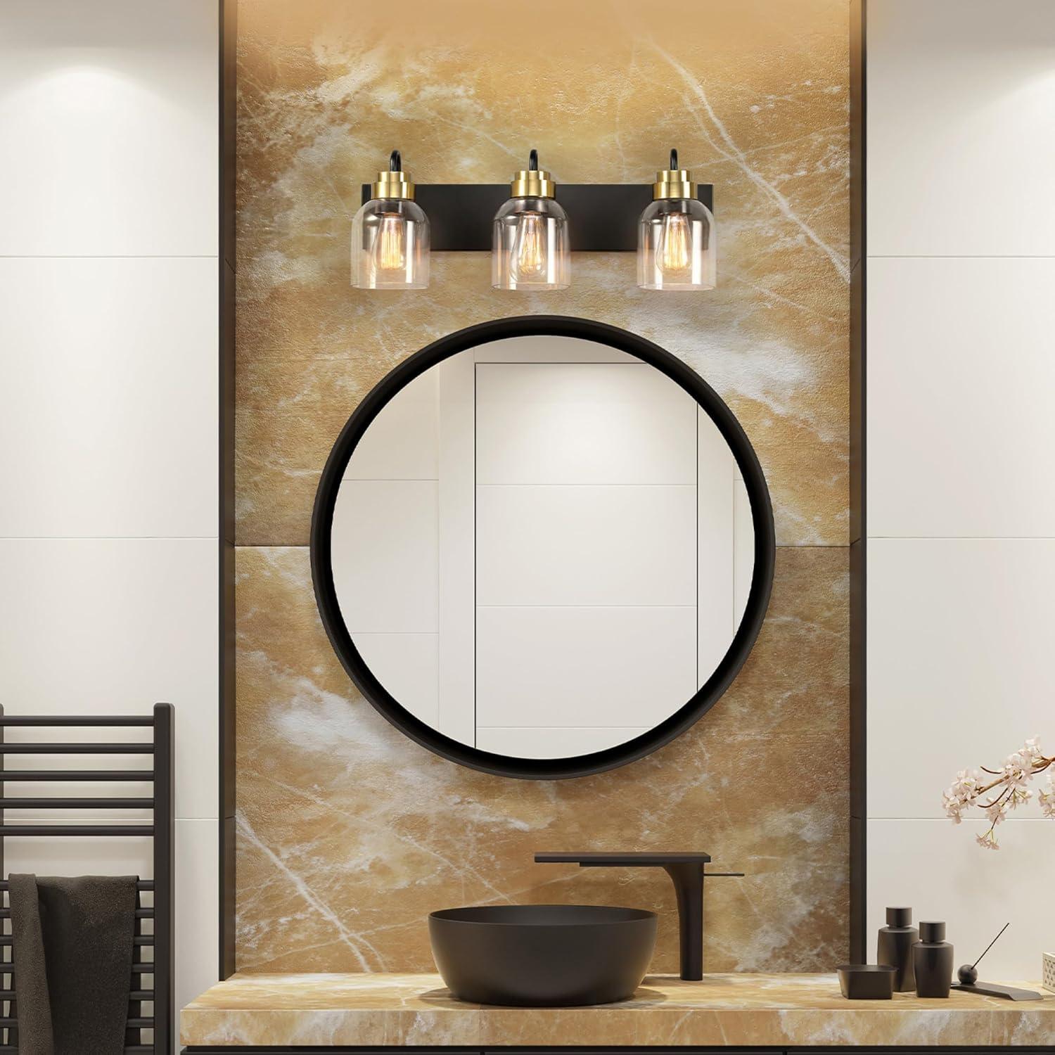 22 in. 3-Light Matte Black Vanity Light with Matte Brass Accents and Glass Shades