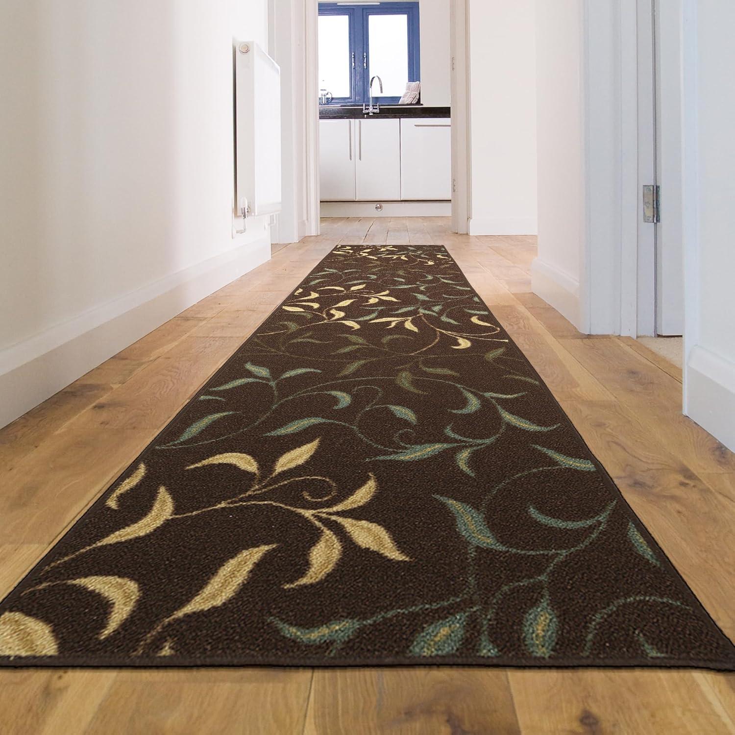 Ottohome Non-Slip Leaves Area Rug For Living Room, Hallway Runner, Entryway Rug, Brown