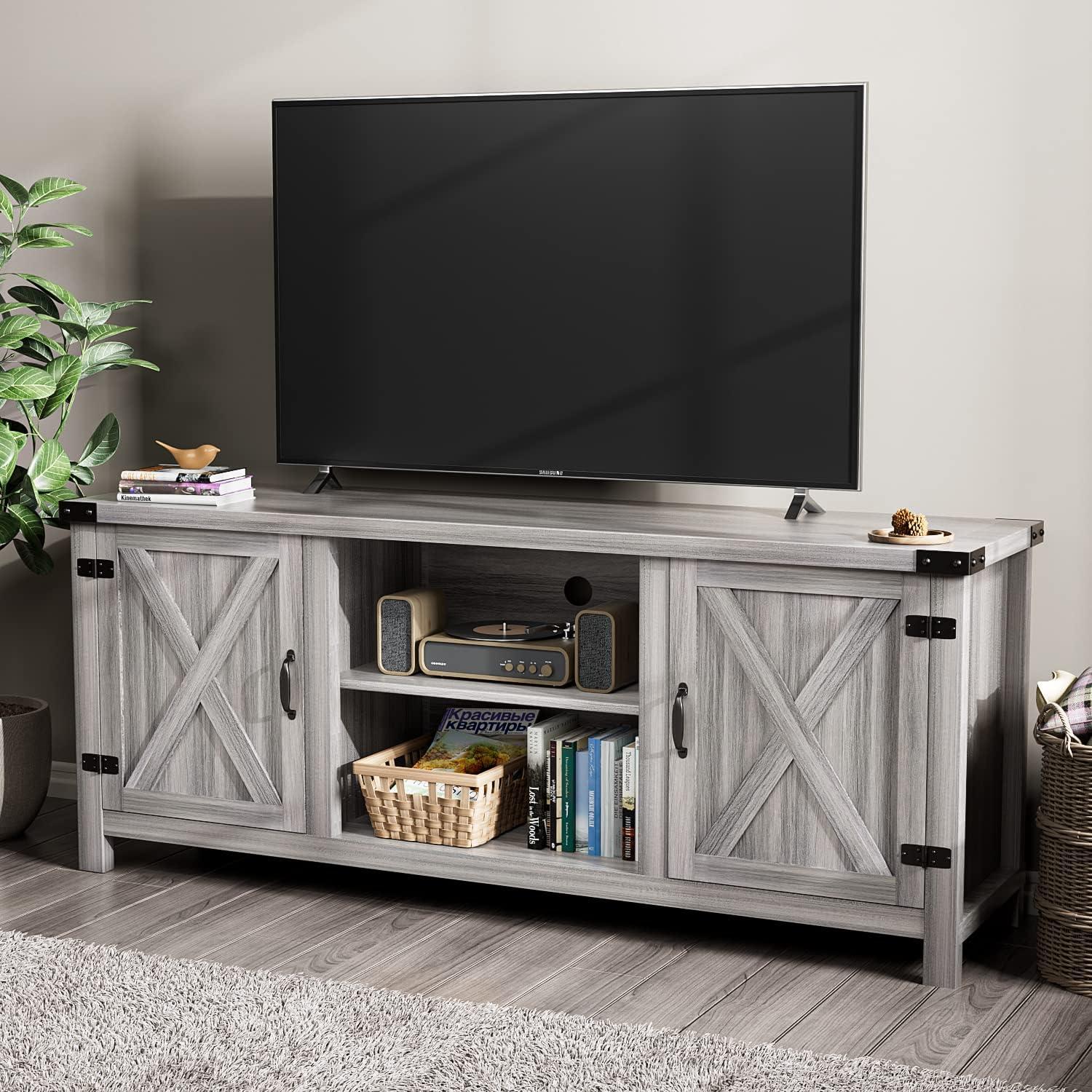 Gray Wash Barn Door TV Stand with Storage Cabinets